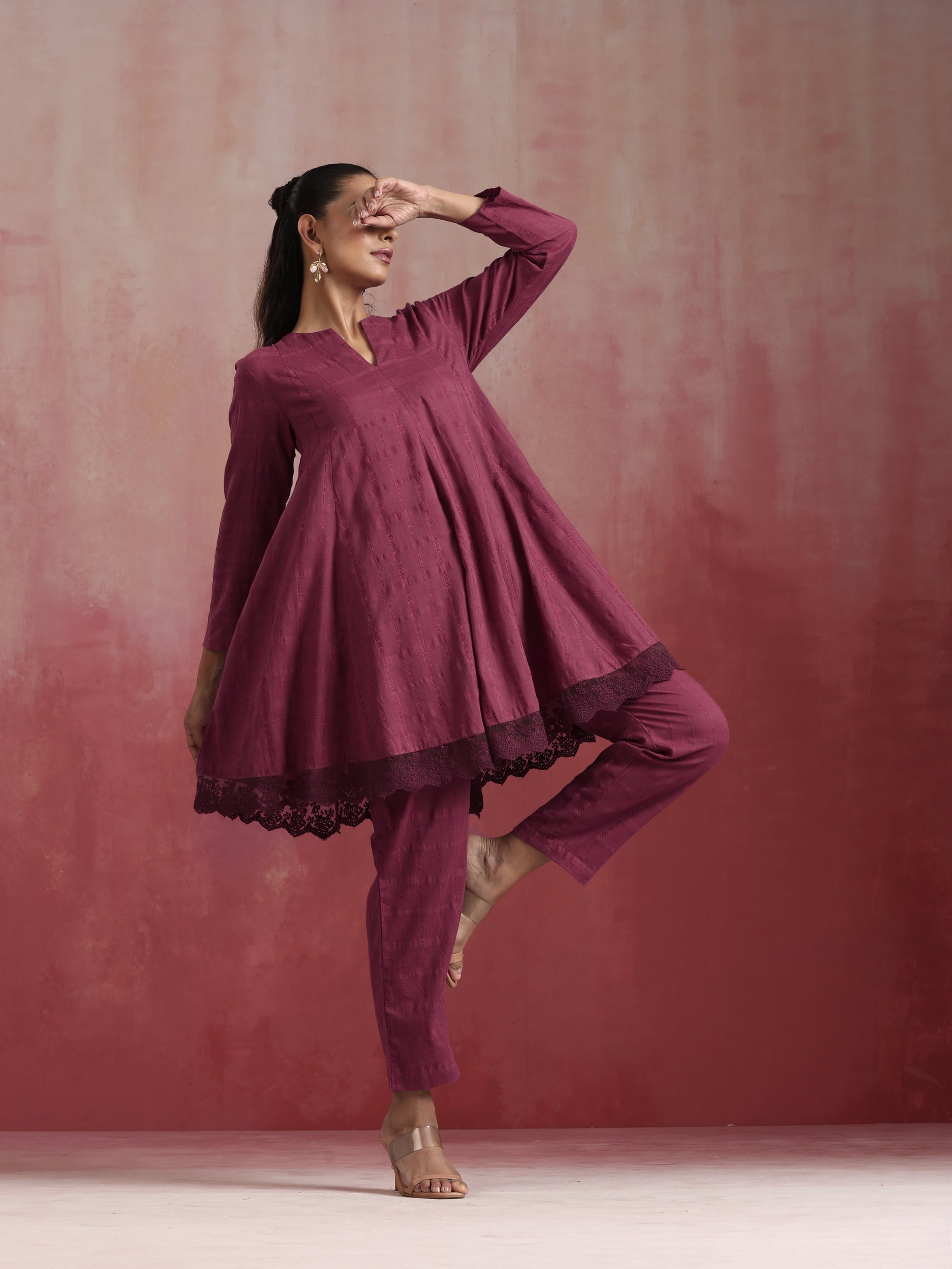 trueBrowns Mauve Cotton Dobby Co-ord set - Swadesiicart