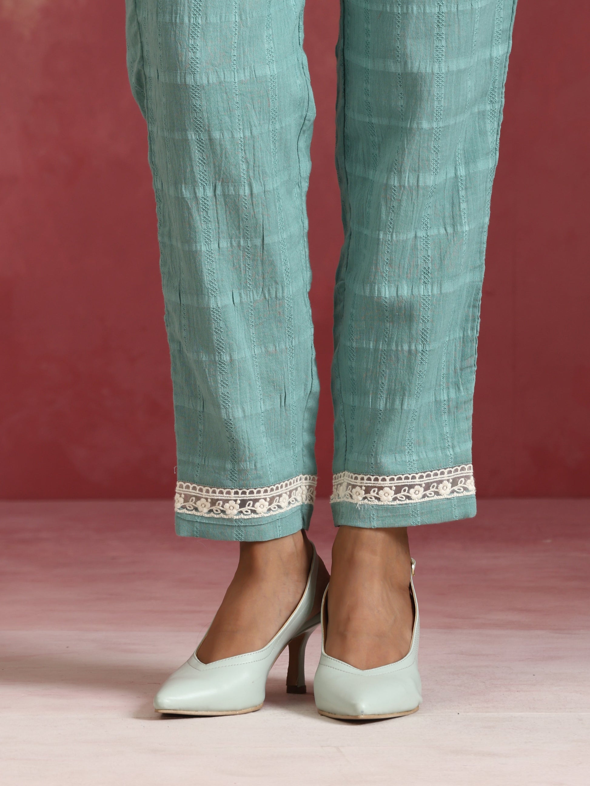 trueBrowns Aqua Blue Cotton Dobby High low Kurta Set | Swadesiicart