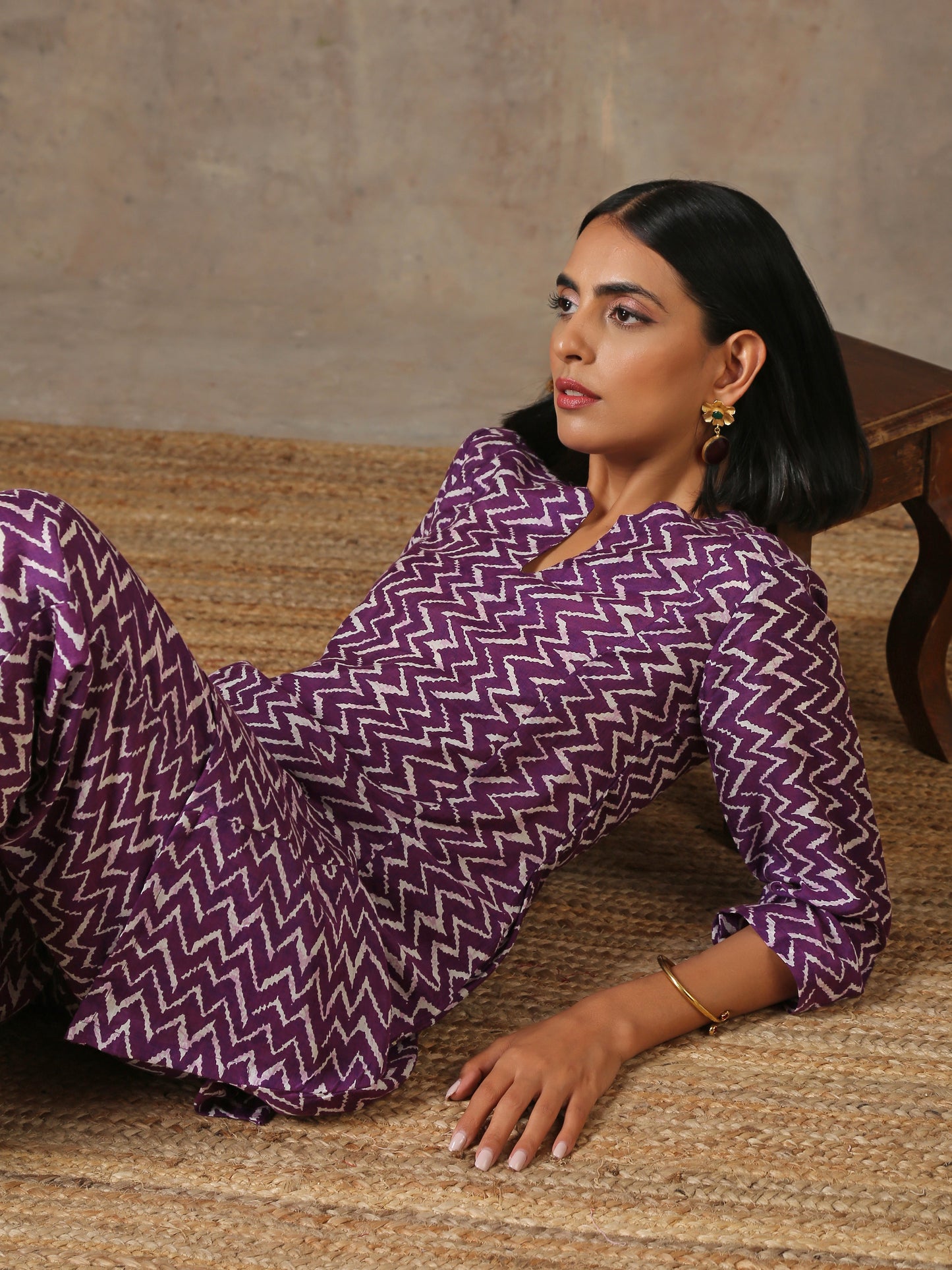 trueBrowns Purple White Lehariya Printed Silk Co-Ord Set - Swadesiicart