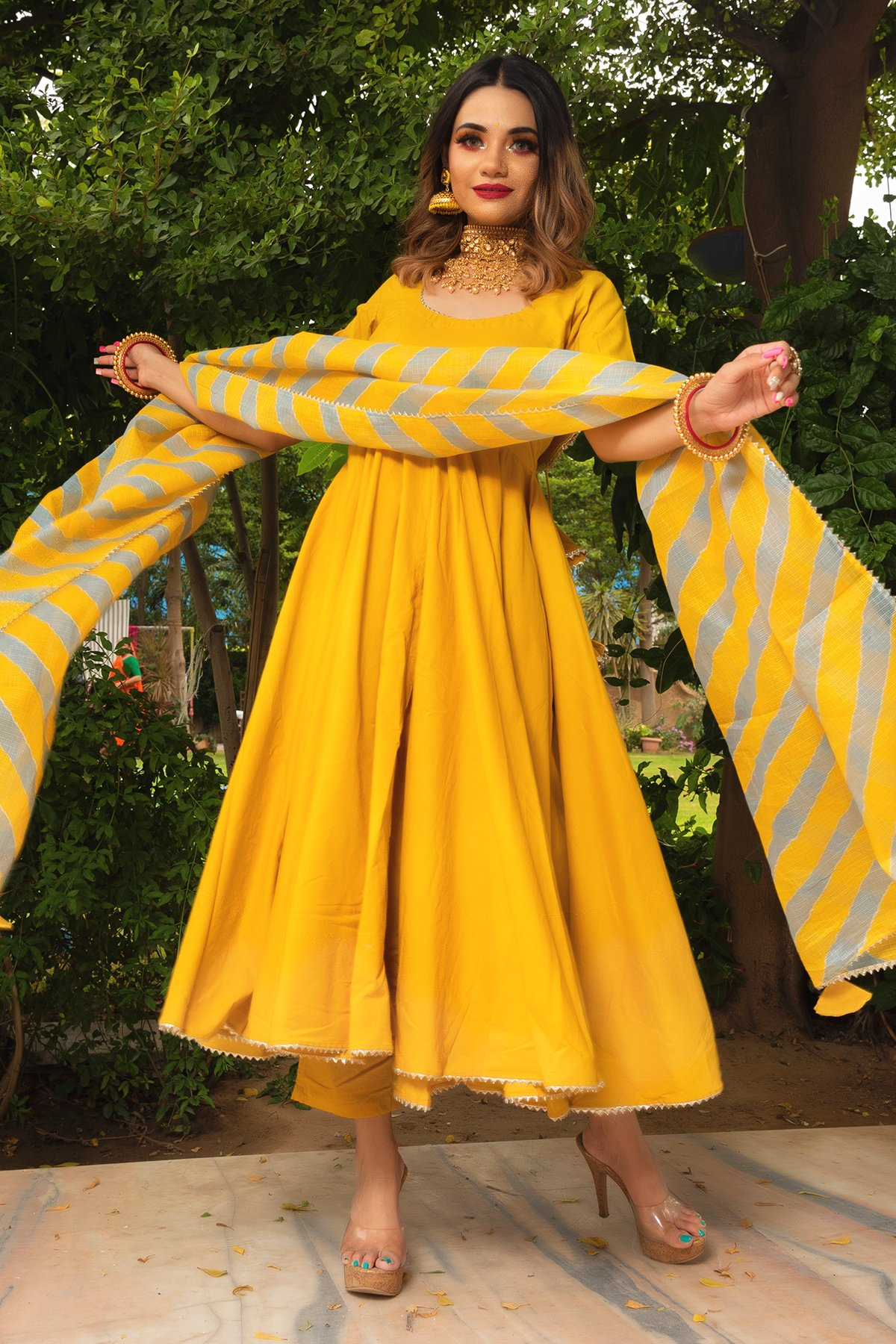 Pomcha Jaipur Rosemarry Yellow Cotton Anarkali Set | Swadesiicart