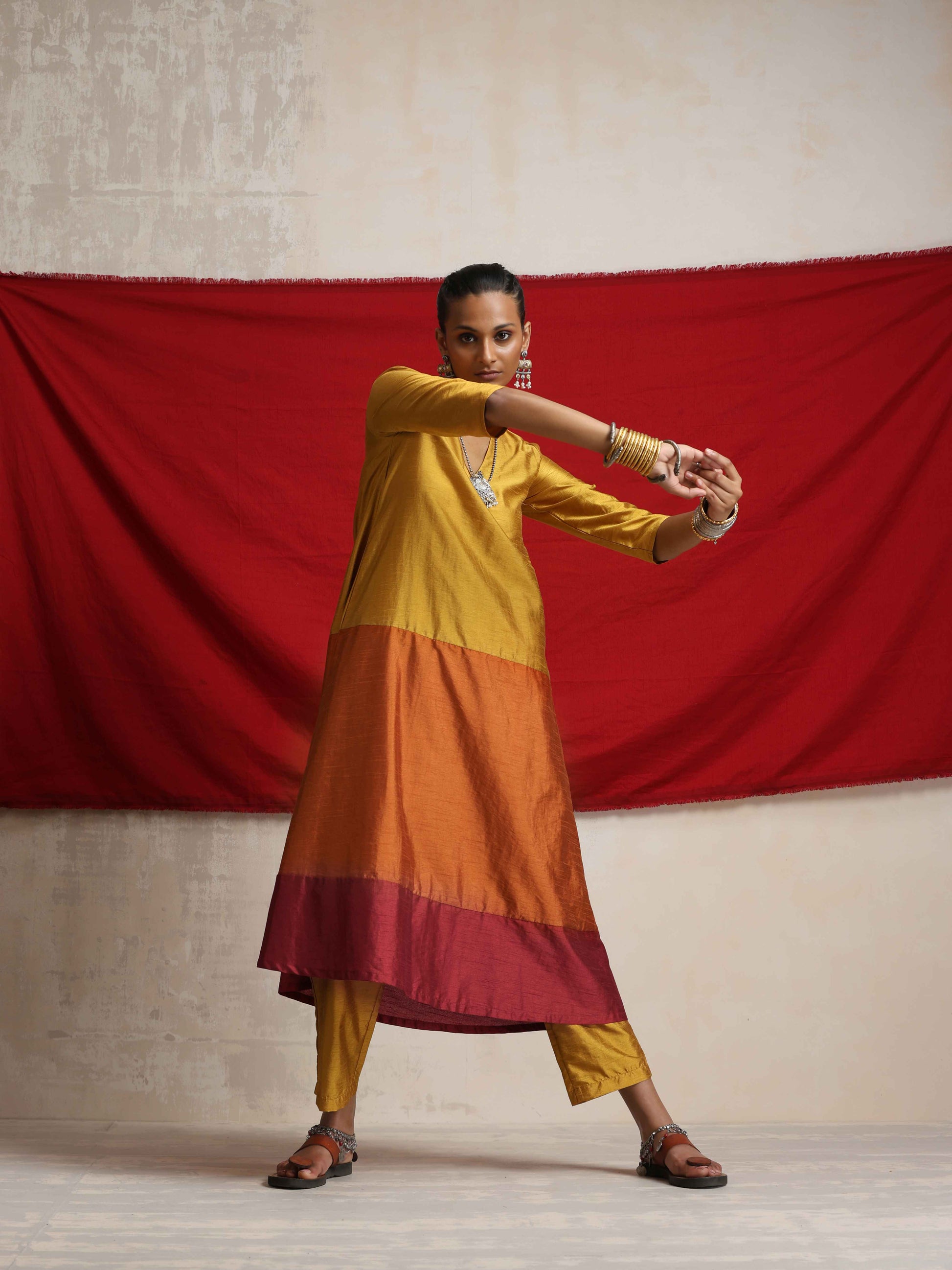 trueBrowns Gold Orange Silk A-line Kurta Set | Swadesiicart