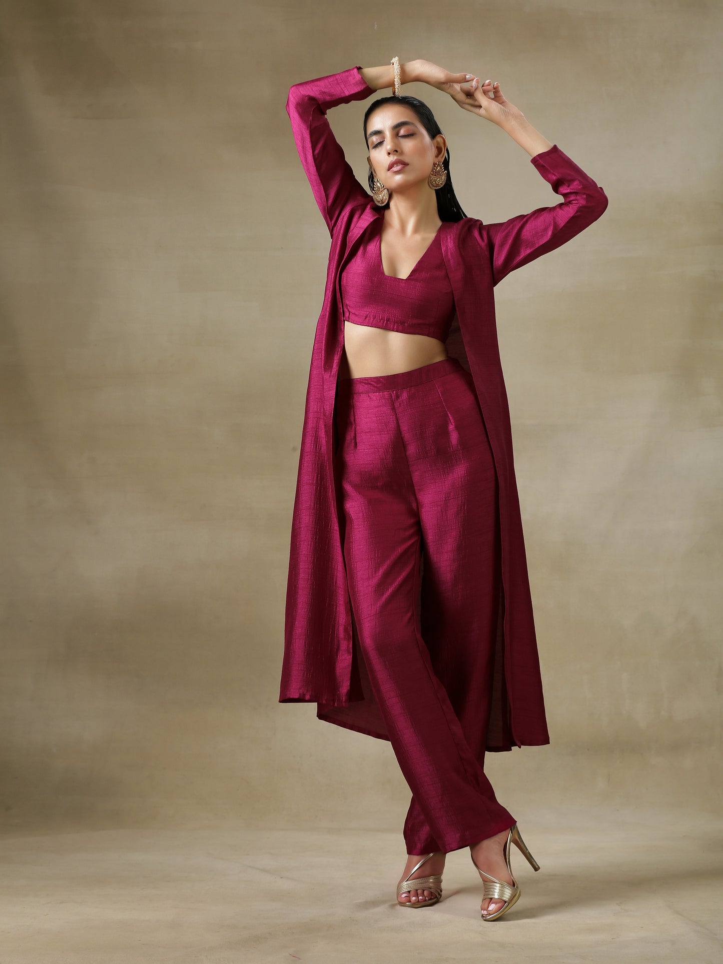trueBrowns Purple Textured Silk Overlay Jacket Blouse Pant Set | Relove | Swadesiicart