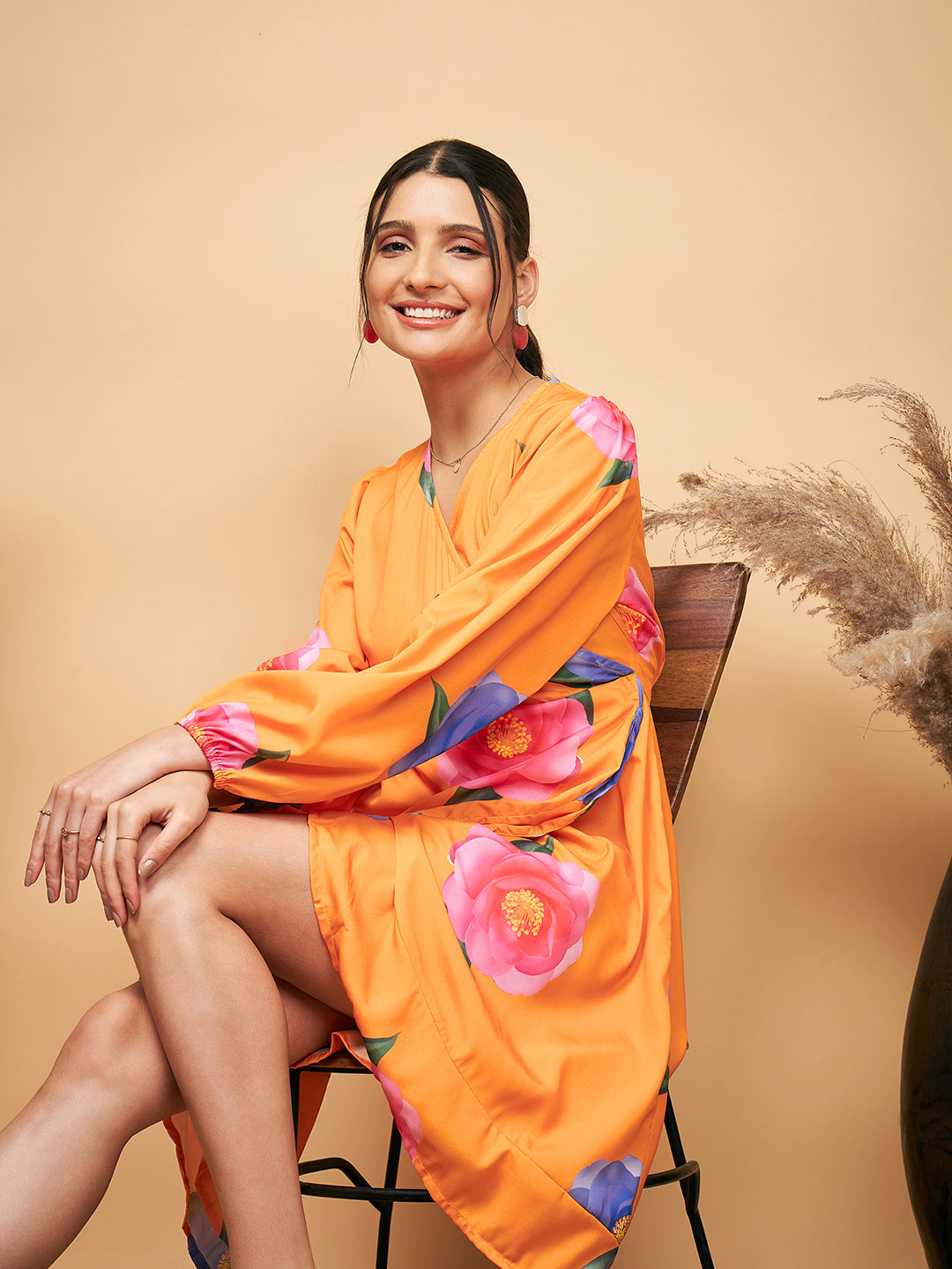 InWeave Women's Haldi Yellow Pink Mauve Flower Belted Dress - Swadesiicart