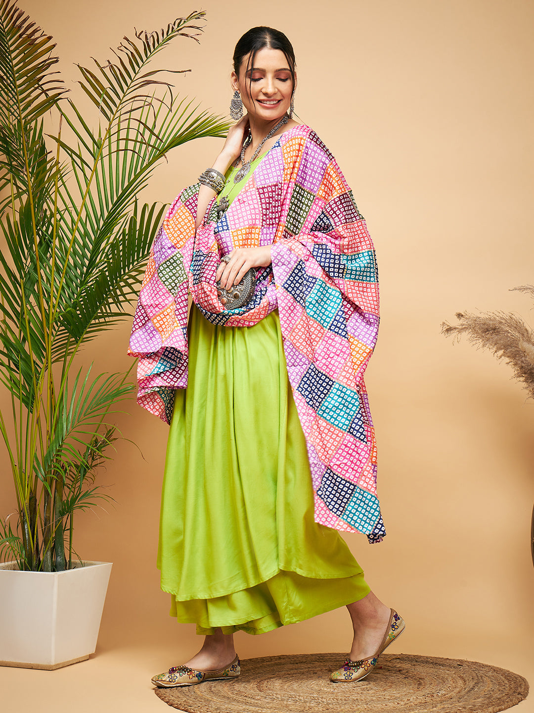 InWeave Women's Lime Green Strappy Set W Square Bandhani Print Silk Dupatta - Swadesiicart