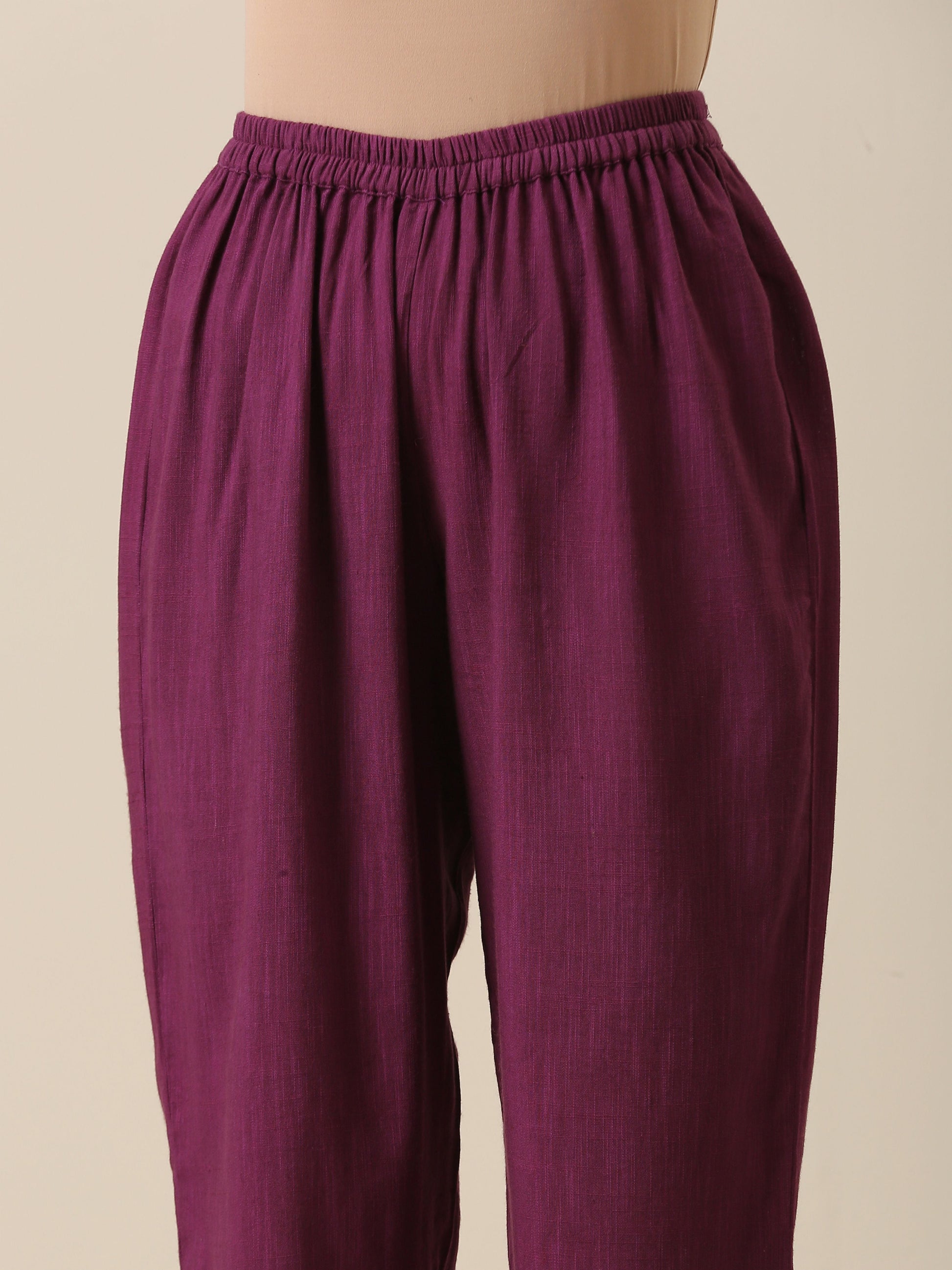 trueBrowns Plum Purple Slub Texture High Low Kaftan Pant Set | Swadesiicart
