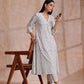 trueBrowns White With Teal Buta Block Print Cotton Front Neck Gathered Kurta Pant Set | Swadesiicart