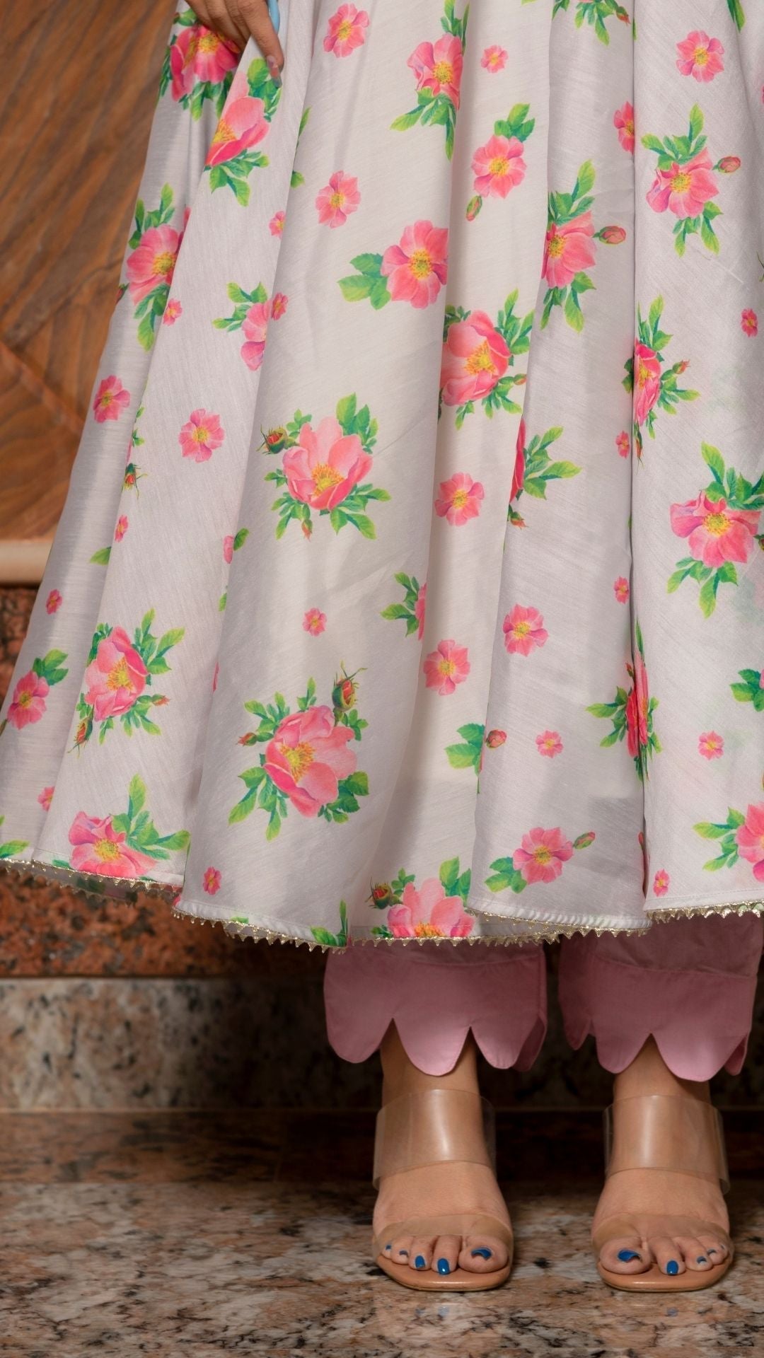 Pomcha Jaipur Flamingo Chandheri Anarkali Set | Swadesiicart