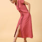 trueBrowns Cotton Linen Rust Red Pleated Dress | Swadesiicart