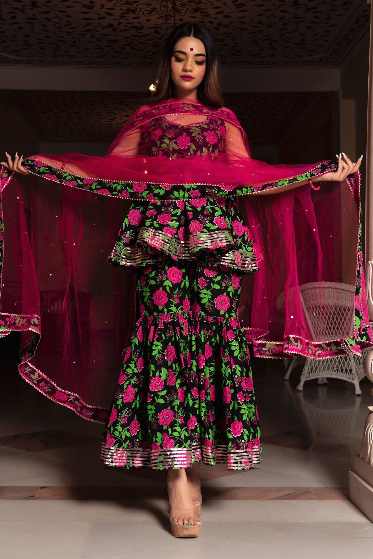 Pomcha Jaipur Gulmohar Cotton Hand Block Sharara Set | Swadesiicart