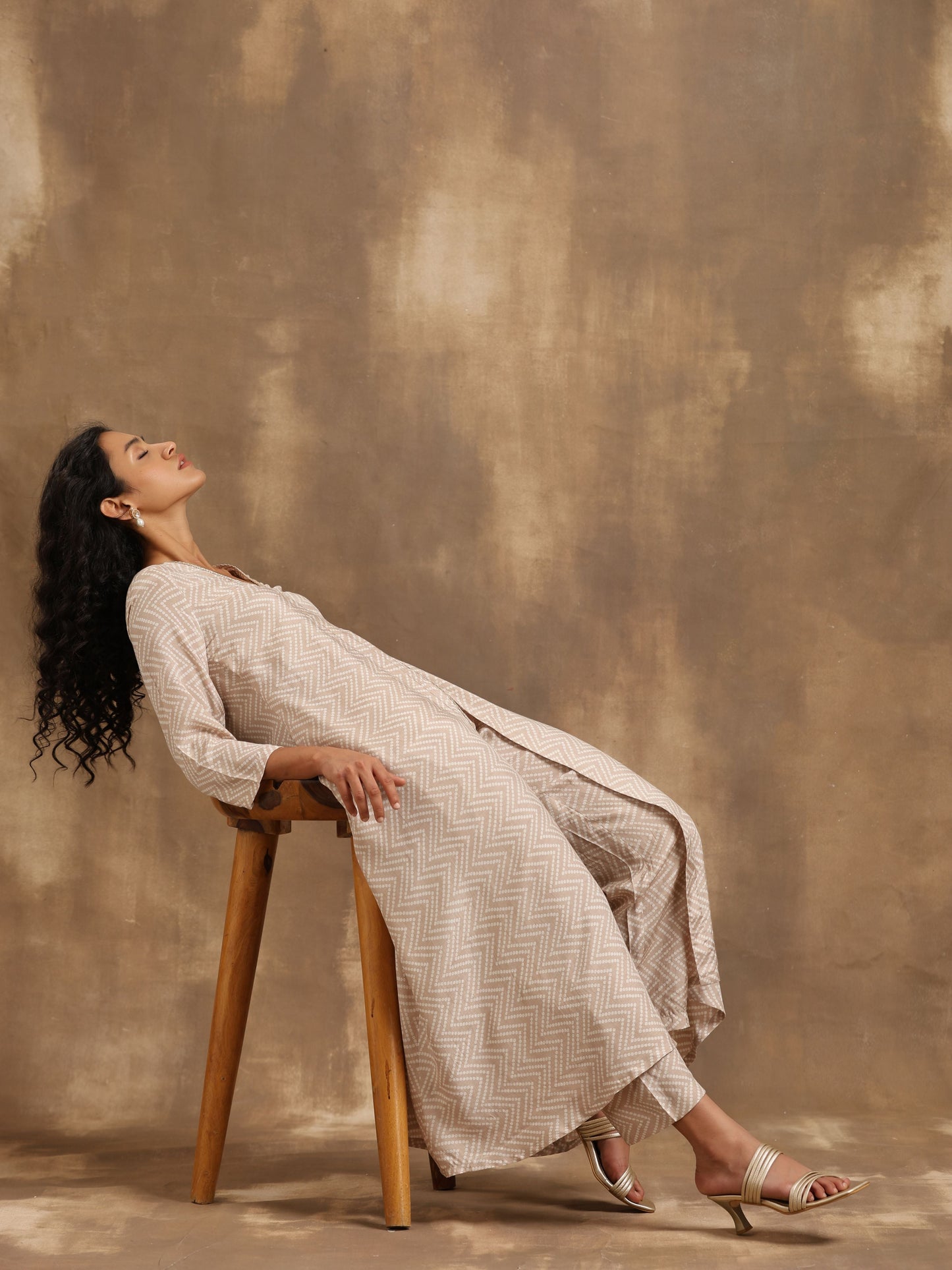 trueBrowns Beige Zig-Zag Print Silk Angrakha Kurta Pant Set | Swadesiicart