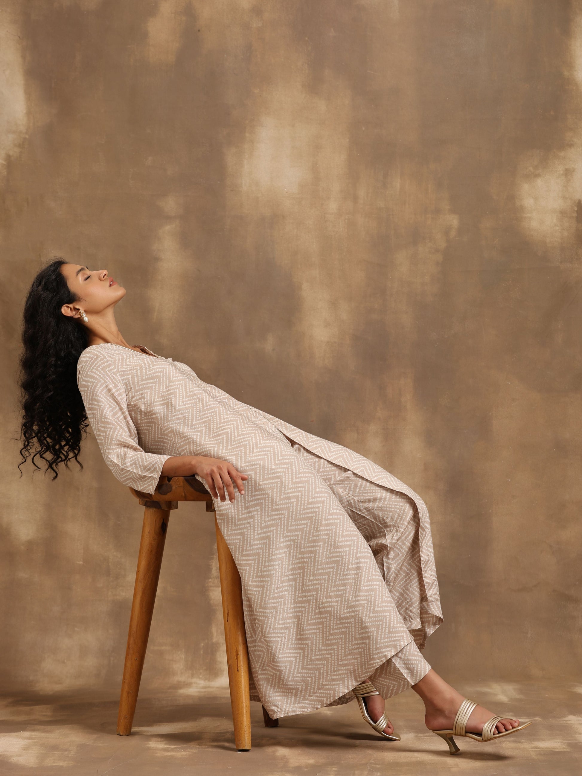 trueBrowns Beige Zig-Zag Print Silk Angrakha Kurta Pant Set | Swadesiicart