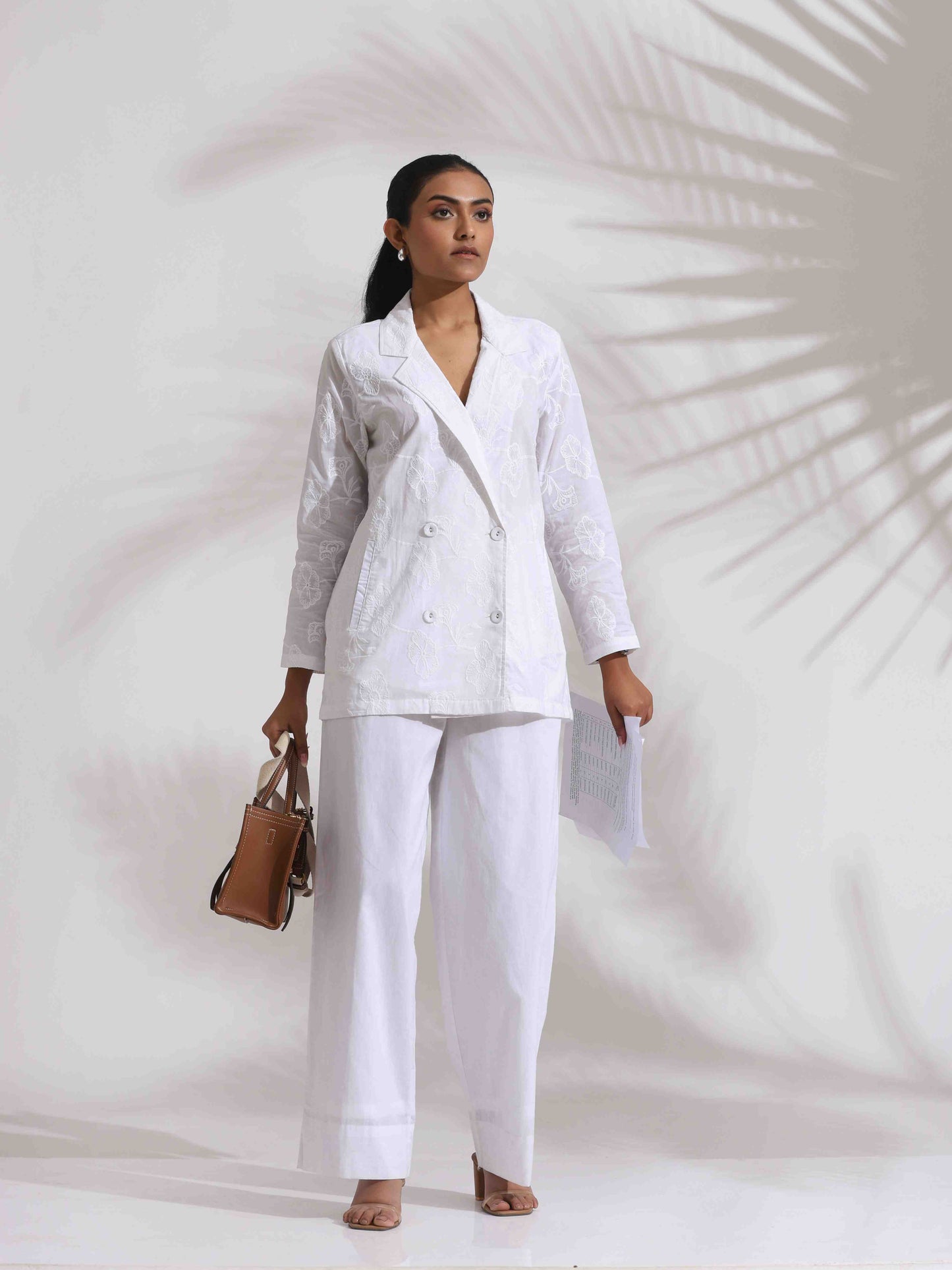 trueBrowns White Cotton Schiffli Jacket Co-ord Set - Swadesiicart