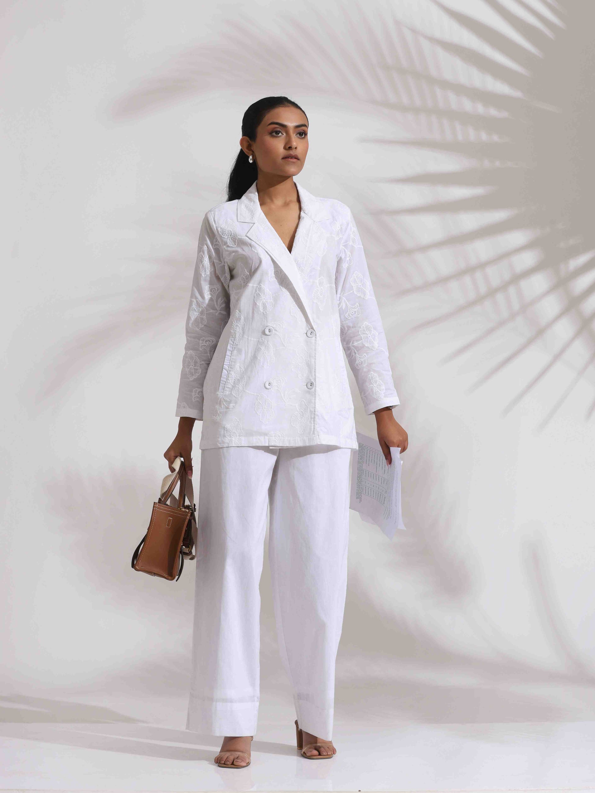 trueBrowns White Cotton Schiffli Jacket Co-ord Set - Swadesiicart