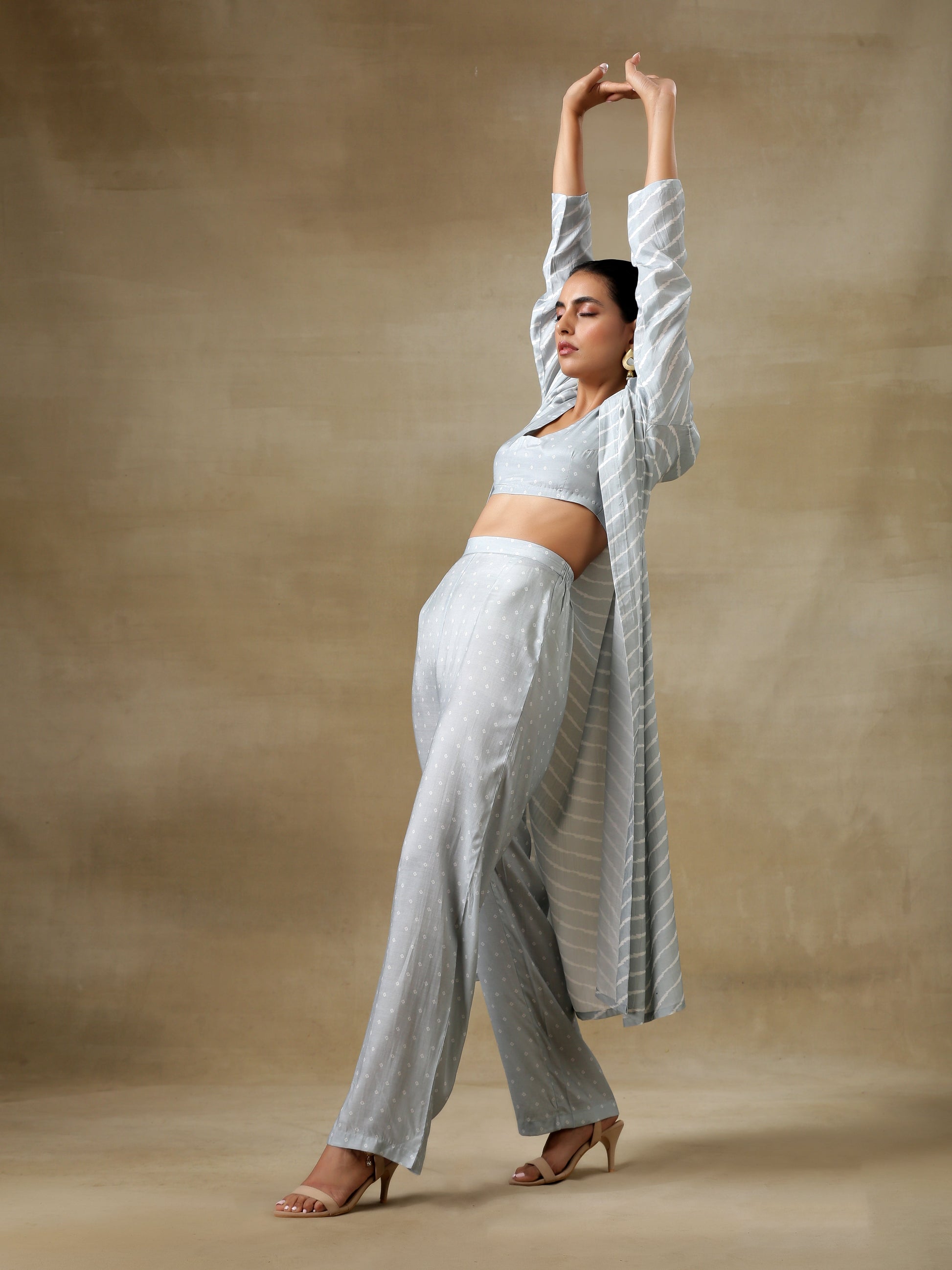 trueBrowns Grey Bandhani Printed Silk Overlay Jacket Blouse Pant Set | Swadesiicart