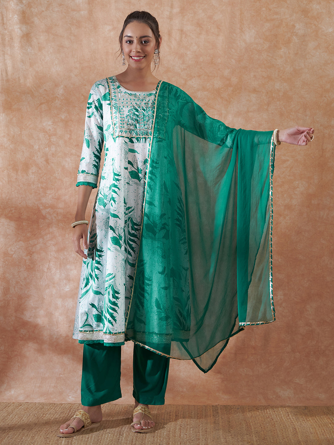 InWeave Women's White Teal Lurex Leaf Print Patch Gota Kurta Set W Teal Dupatta - Swadesiicart