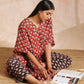 trueBrowns Rust Red Bagru Floral Print Cotton Panel Kaftan Kurta Pant Set | Swadesiicart