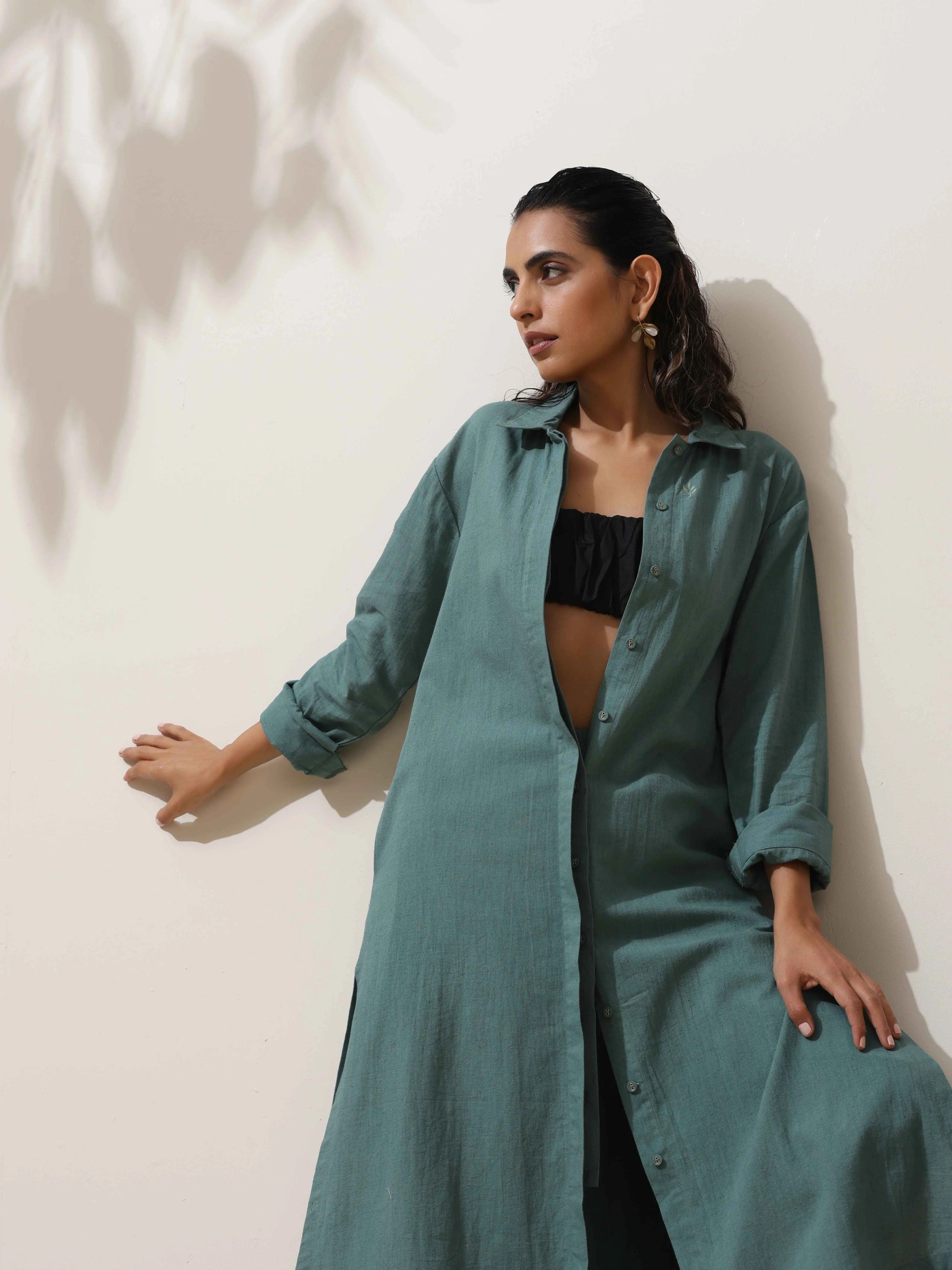 trueBrowns Green Cotton Linen Kurta Pant Set | Swadesiicart