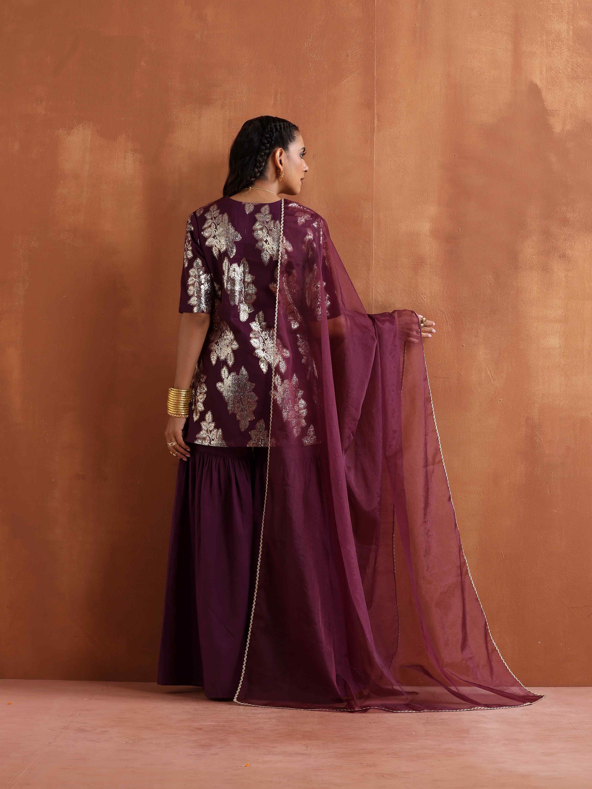 trueBrowns Purple Metallic Sharara Dupatta Set | Swadesiicart