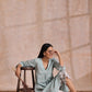 trueBrowns Tiffany Blue Floral Block Print Cotton Front Neck Gathered Kurta Pant Set | Swadesiicart