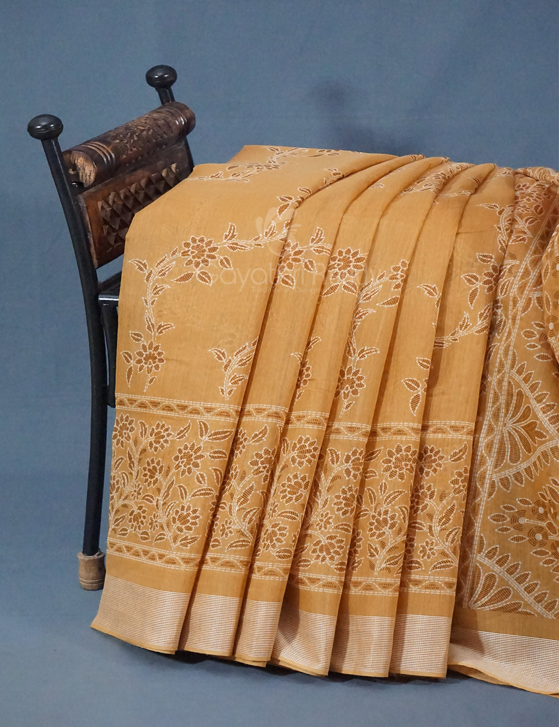 Shades of Light Mustard Colour Floral Print Semi Chanderi Saree By Gayathri Reddy Designer Studio | Swadesiicart
