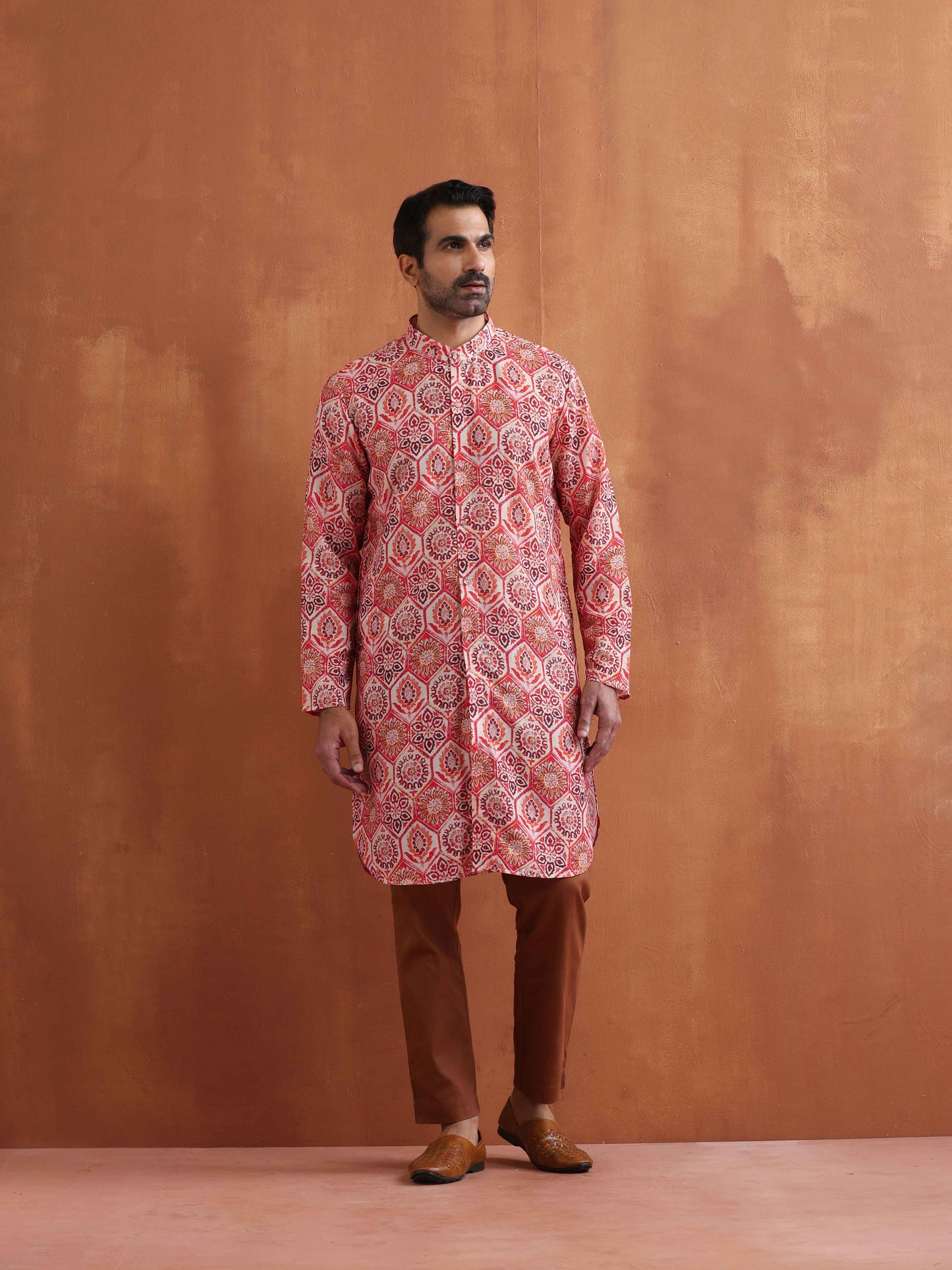 trueBrowns Men's Beige Printed Front Open Kurta | Swadesiicart
