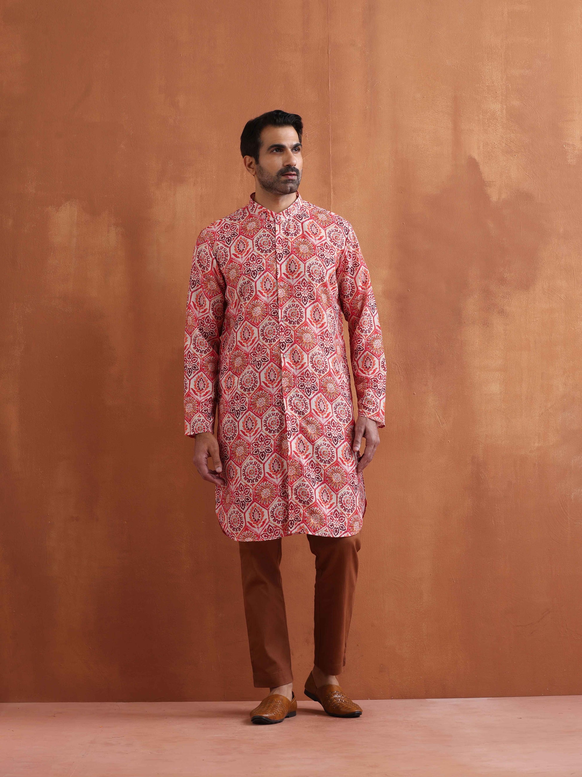 trueBrowns Men's Beige Printed Front Open Kurta | Swadesiicart