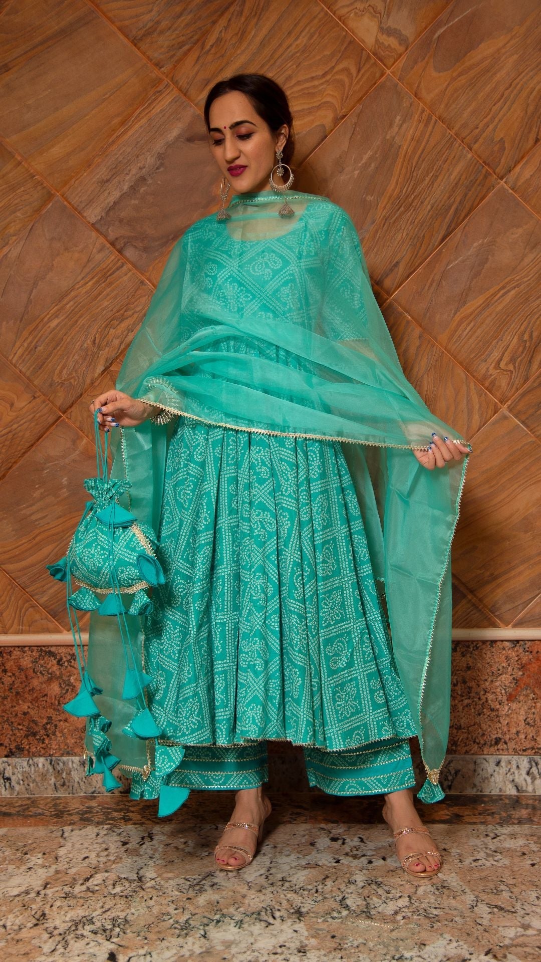 Pomcha Jaipur Bandhej Tiffany Blue Cotton Anarkali Set | Swadesiicart
