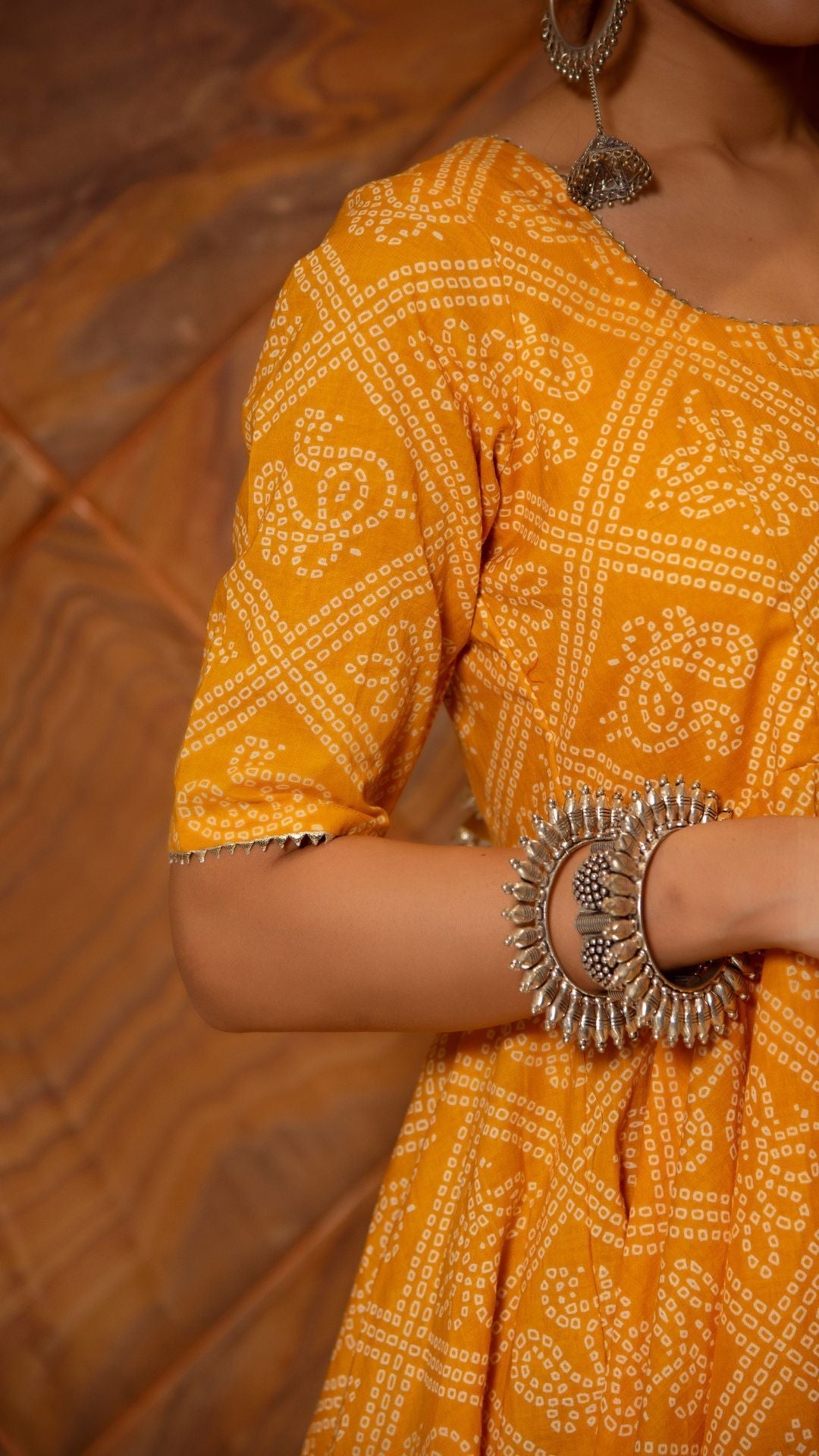 Pomcha Jaipur Bandhej Yellow Cotton Anarkali Set | Swadesiicart