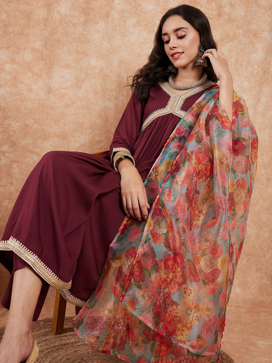 InWeave Women's Dark Burgundy Alia Neck Style Gota Set W Organza Dupatta - Swadesiicart