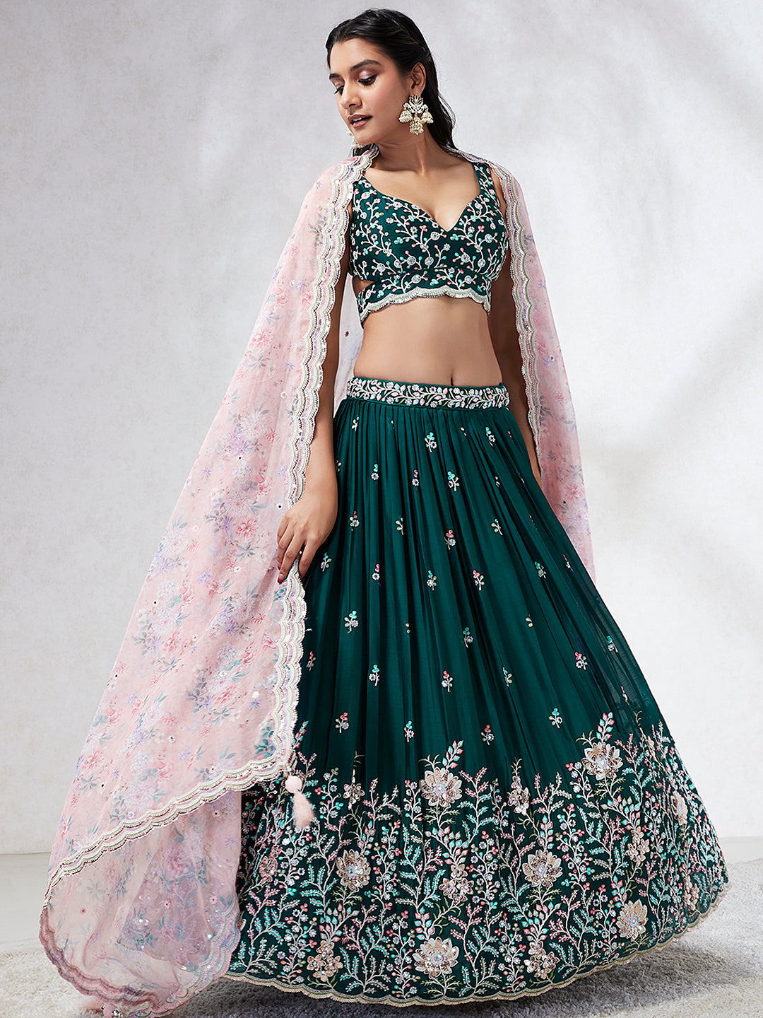House of Panchhi Teal - Georgette Sequins, Mirror And Thread Embroidery Lehenga Choli | Swadesiicart
