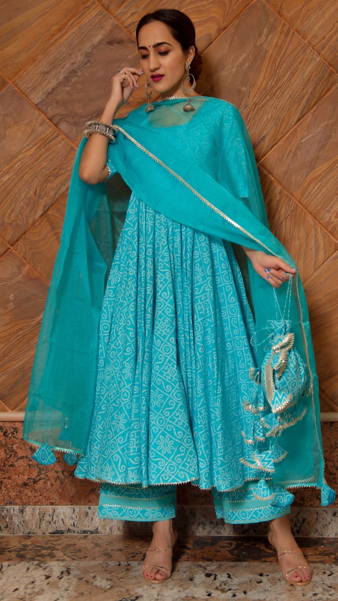 Pomcha Jaipur Bandhej Blue Cotton Anarkali Set | Swadesiicart