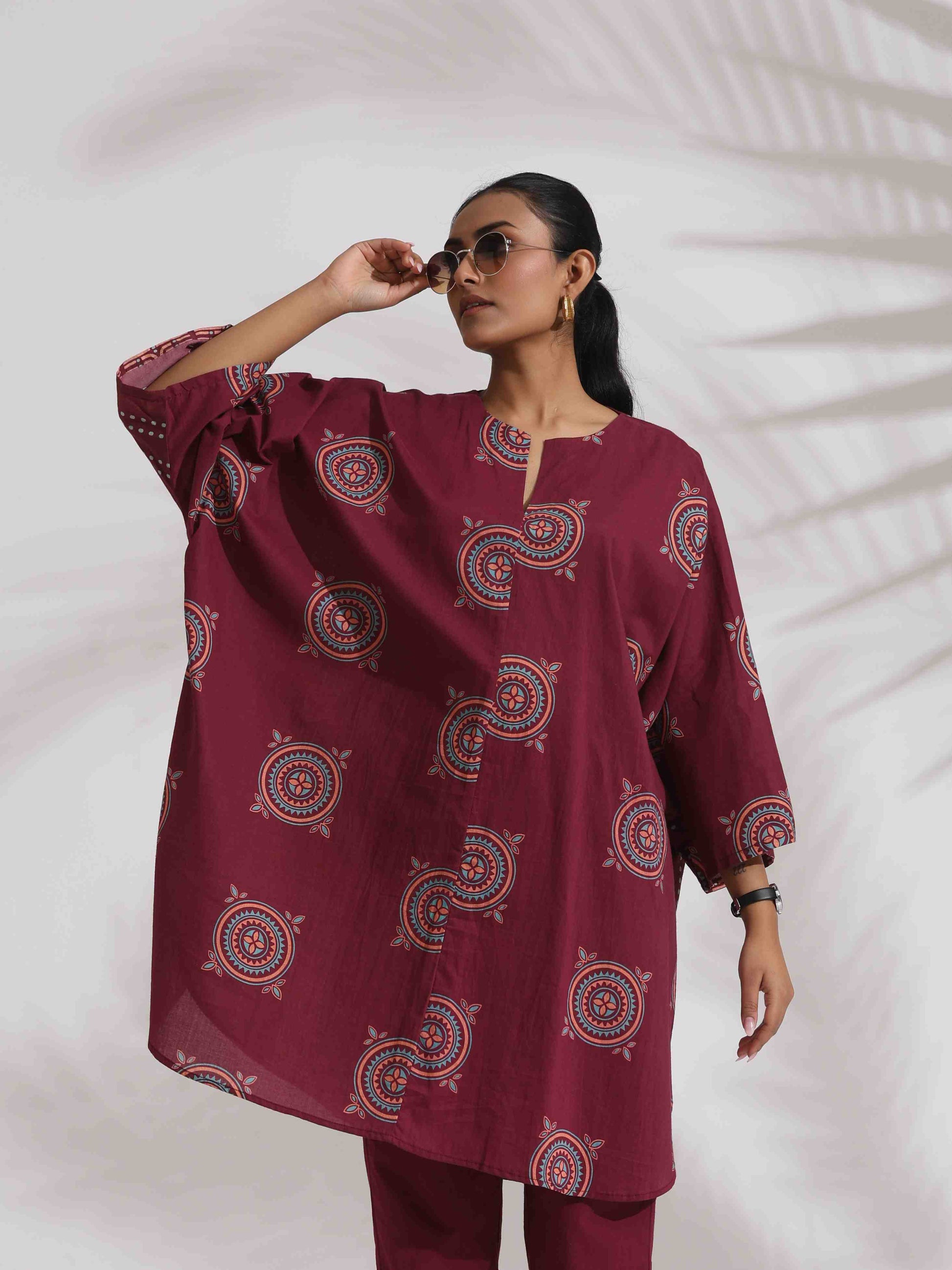 trueBrowns Purple Cotton Print Kurta Co-ord Set - Swadesiicart