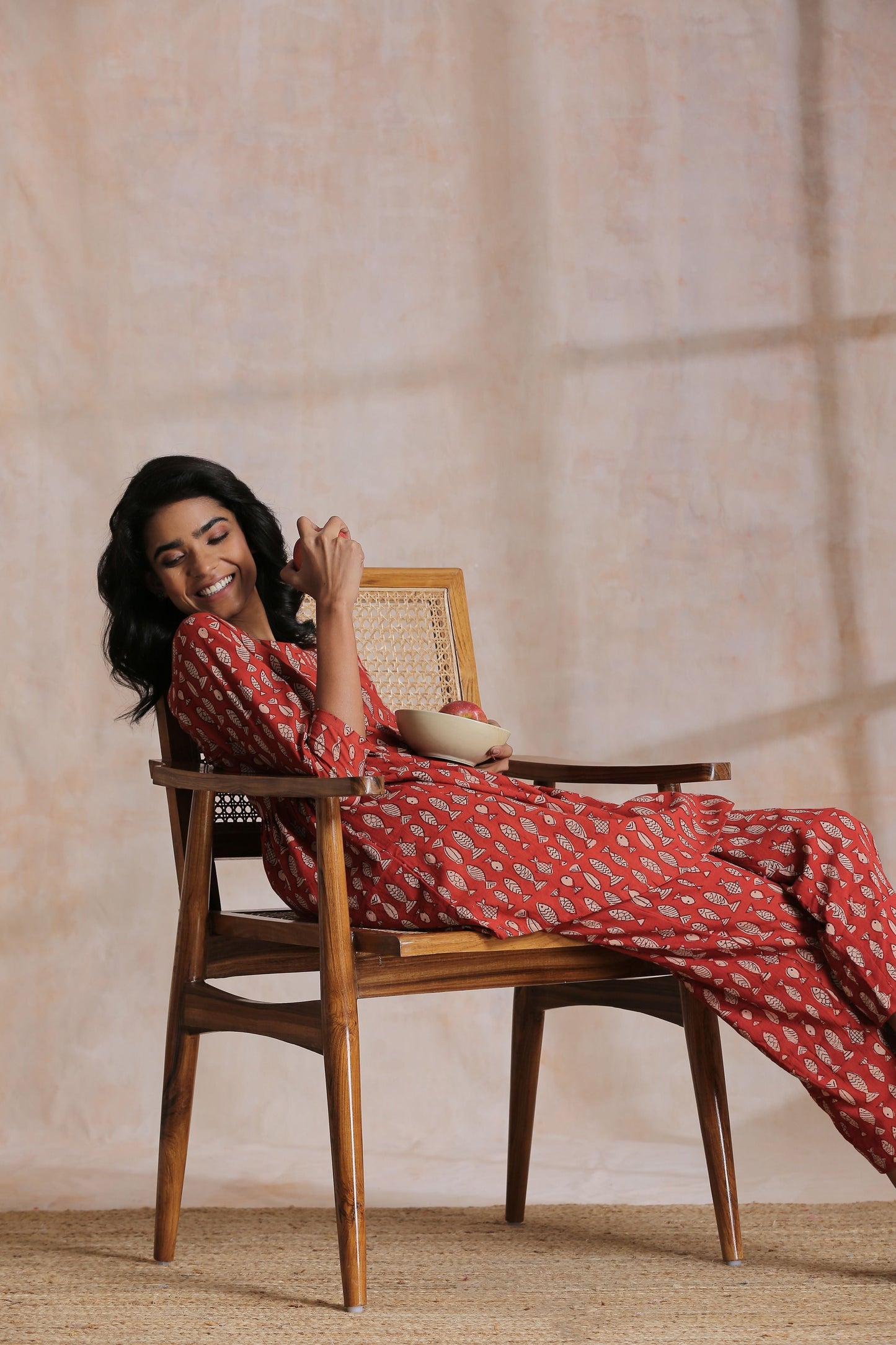 trueBrowns Rust Red Bagru Fish Print Cotton Gathers Co-Ord Set - Swadesiicart