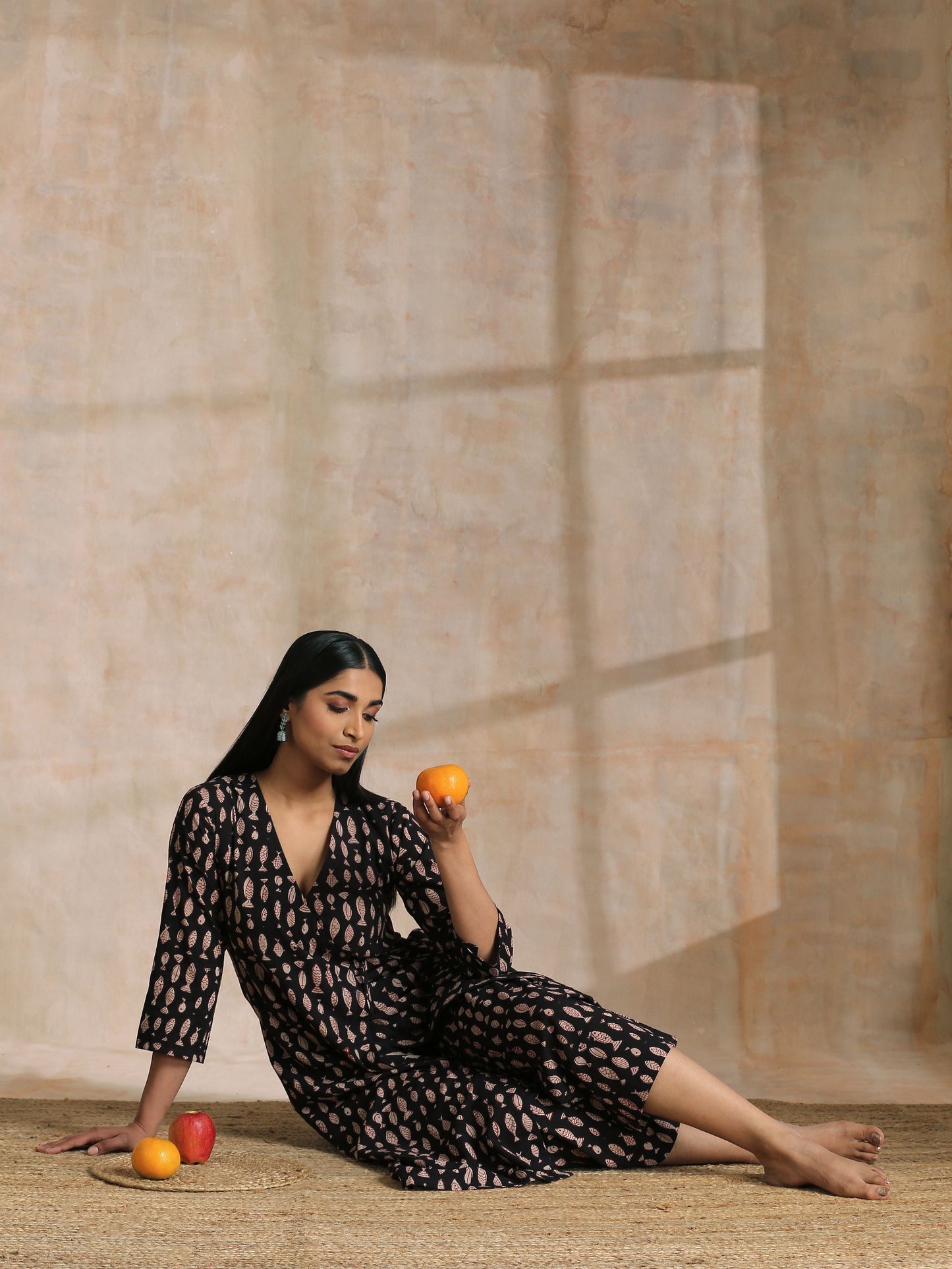 trueBrowns Black Fish Bagru Print Cotton Angrakha Pant Set | Swadesiicart