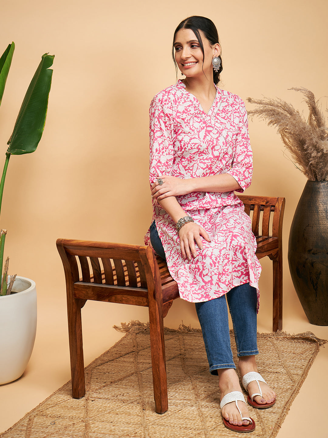 InWeave Women's Pink Foil White Print Angrakha Stright Kurta - Swadesiicart