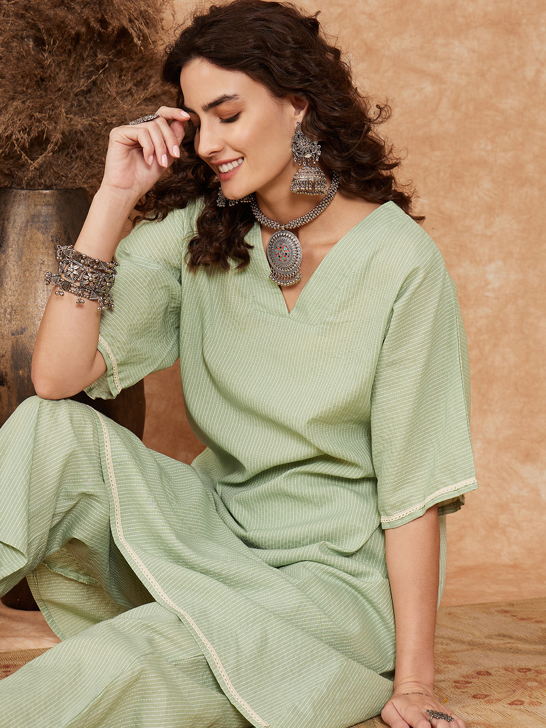 InWeave Women's Sage Green Kantha Lace Wrok Kimono Sleeve Kurta Set - Swadesiicart