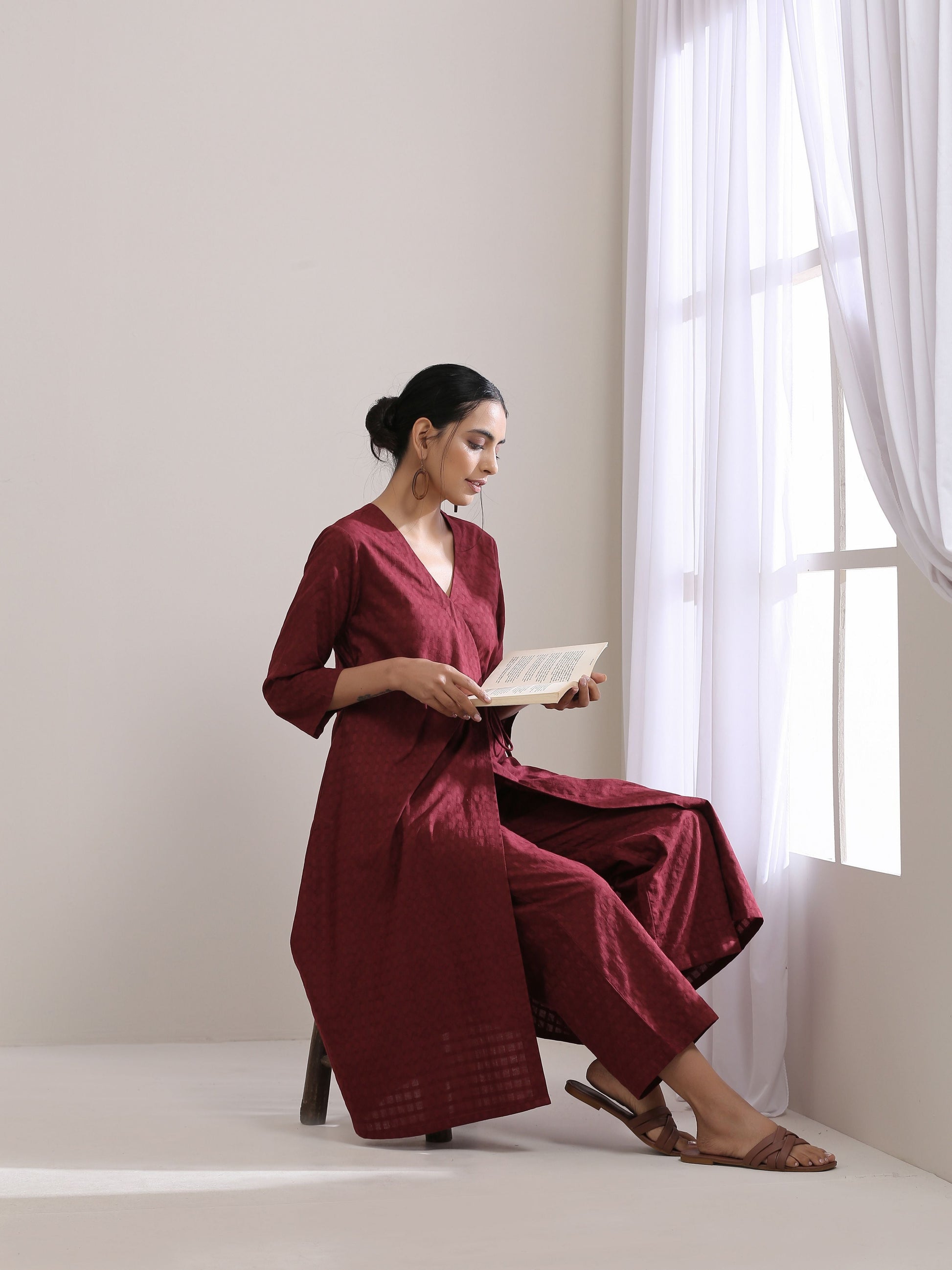 trueBrowns Ruby Wine Dobby Angrakha Pant Set | Swadesiicart