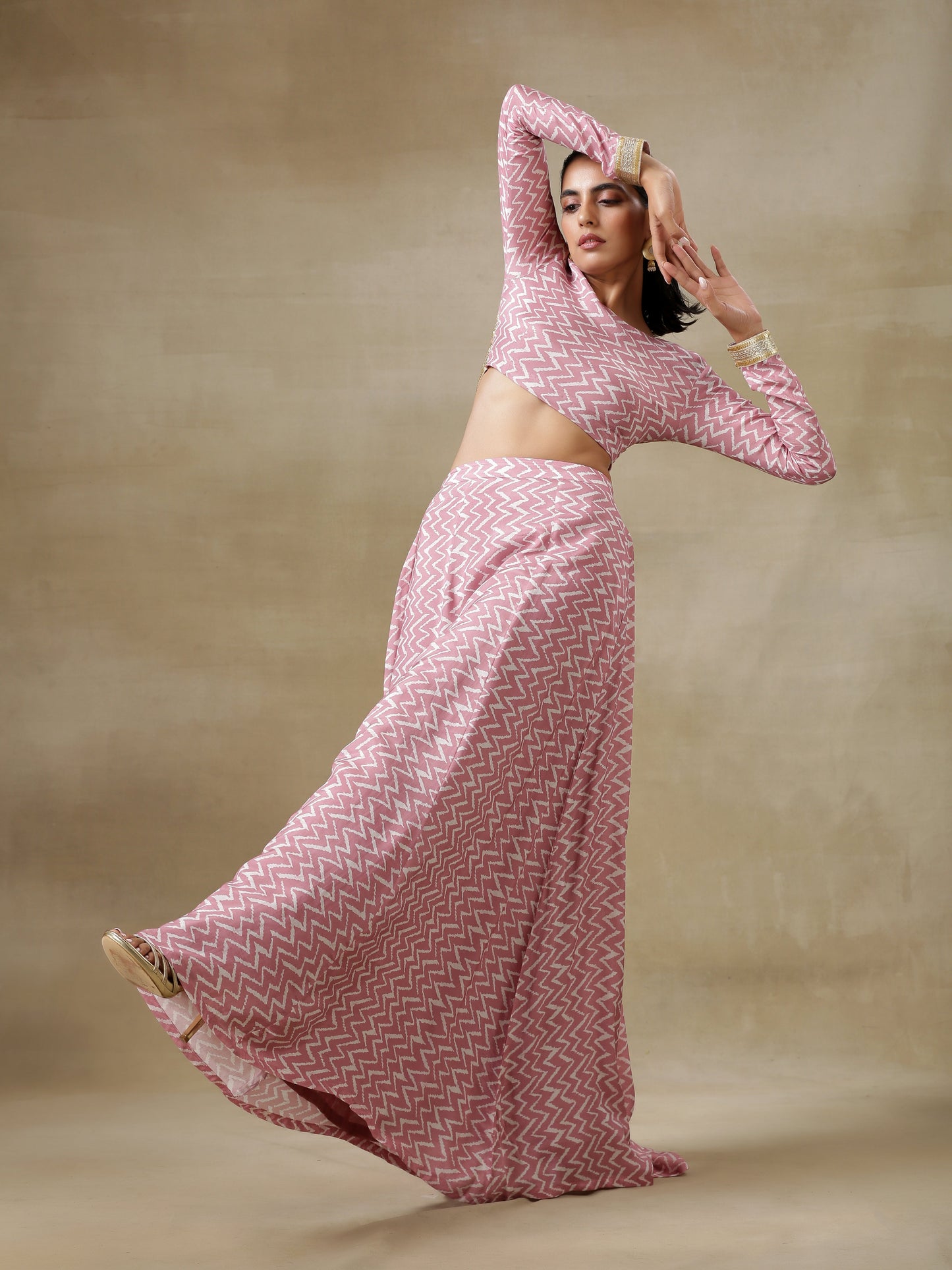 trueBrowns Light Mauve Bandhani Printed Silk Top Skirt Set - Swadesiicart