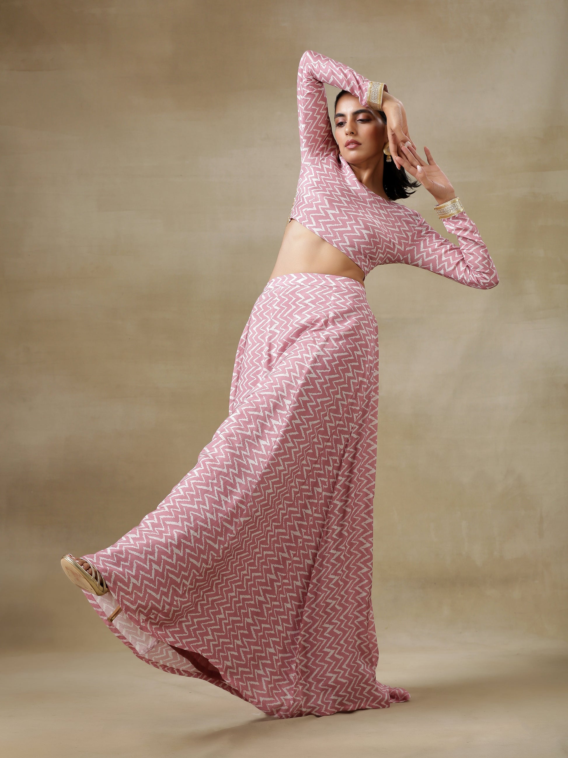 trueBrowns Light Mauve Bandhani Printed Silk Top Skirt Set - Swadesiicart