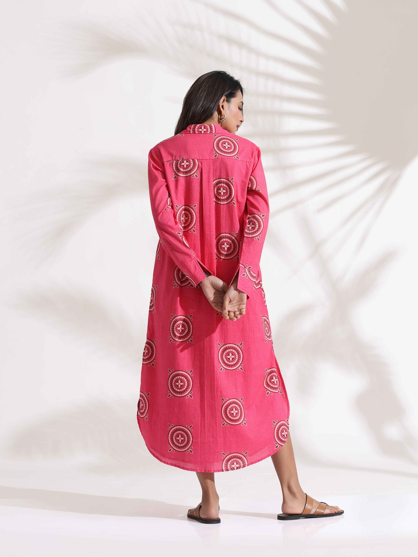 trueBrowns Pink Cotton Print A-line Dress | Swadesiicart
