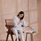 trueBrowns Grey On White Ikat Print Cotton Baggy Sleeve Co-Ord Set - Swadesiicart