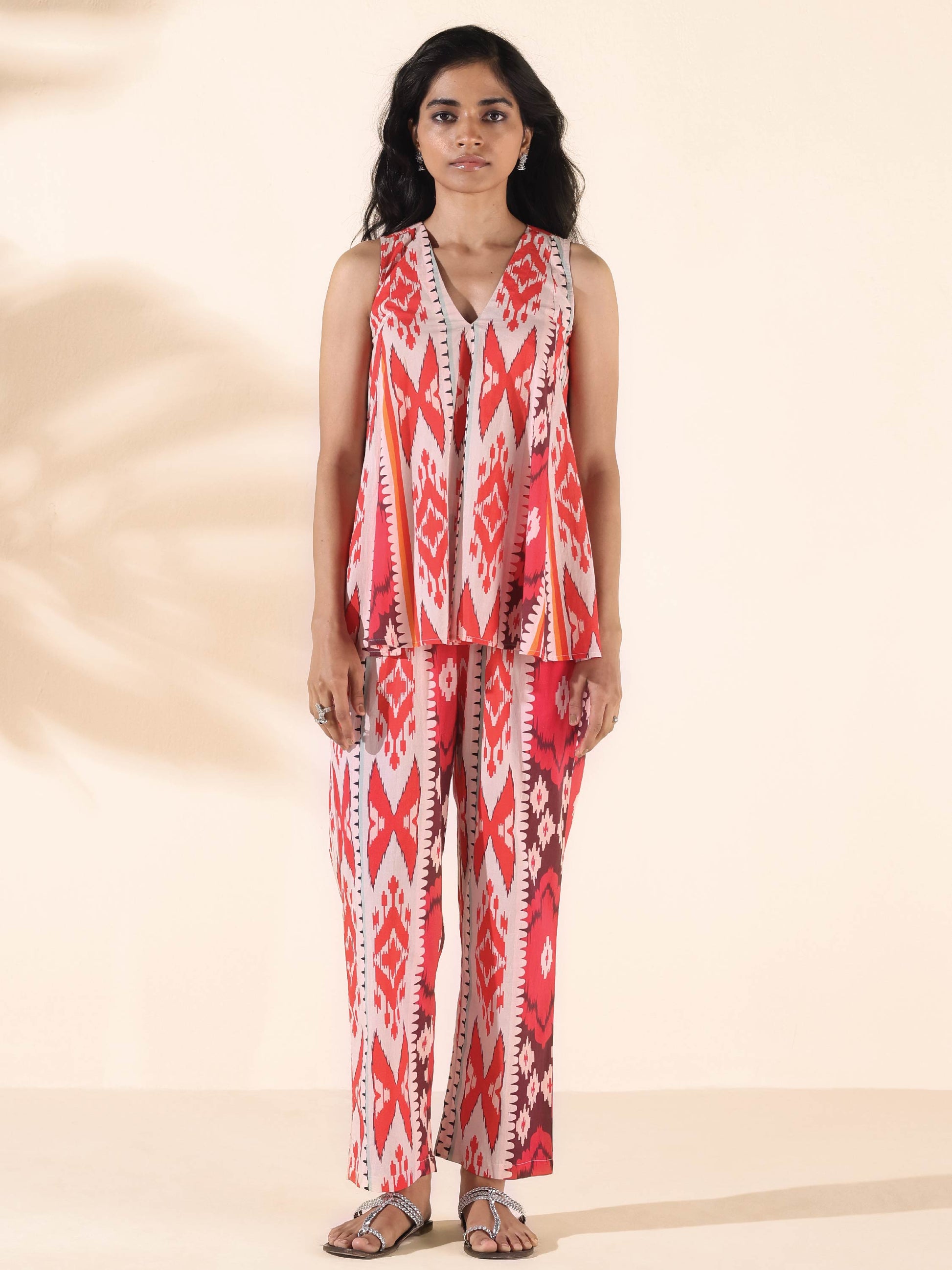 trueBrowns Maroon Cotton Ikat Flared Co-ord Set - Swadesiicart