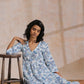 trueBrowns White With Overall Blue Print Cotton Slit Gathered Kurta Set | Swadesiicart