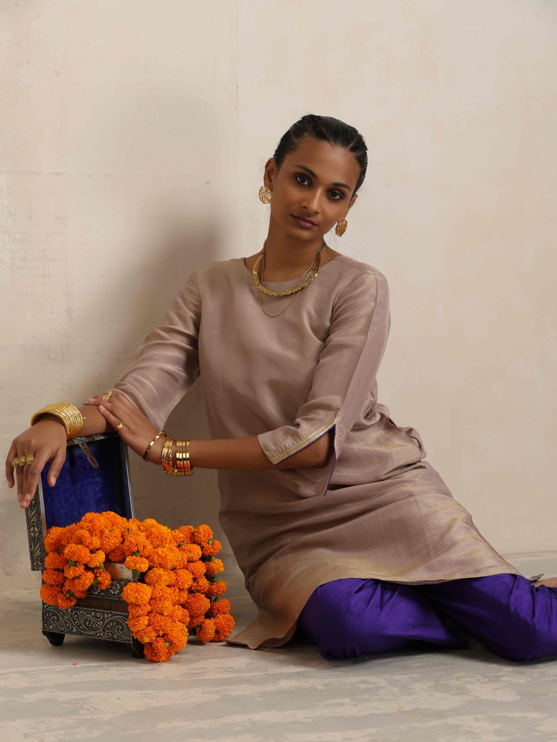 trueBrowns Lilac Tissue Kurta Co-ord Set - Swadesiicart