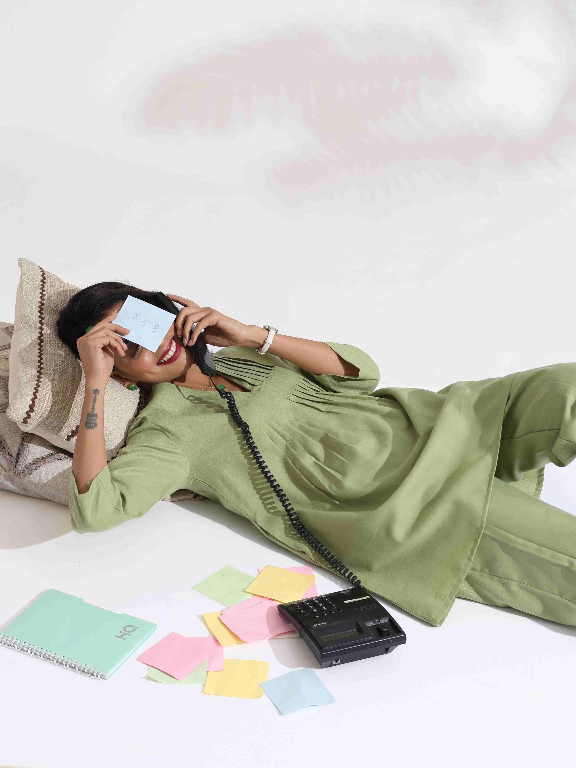 trueBrowns Green Slub Pleated Co-ord Set - Swadesiicart