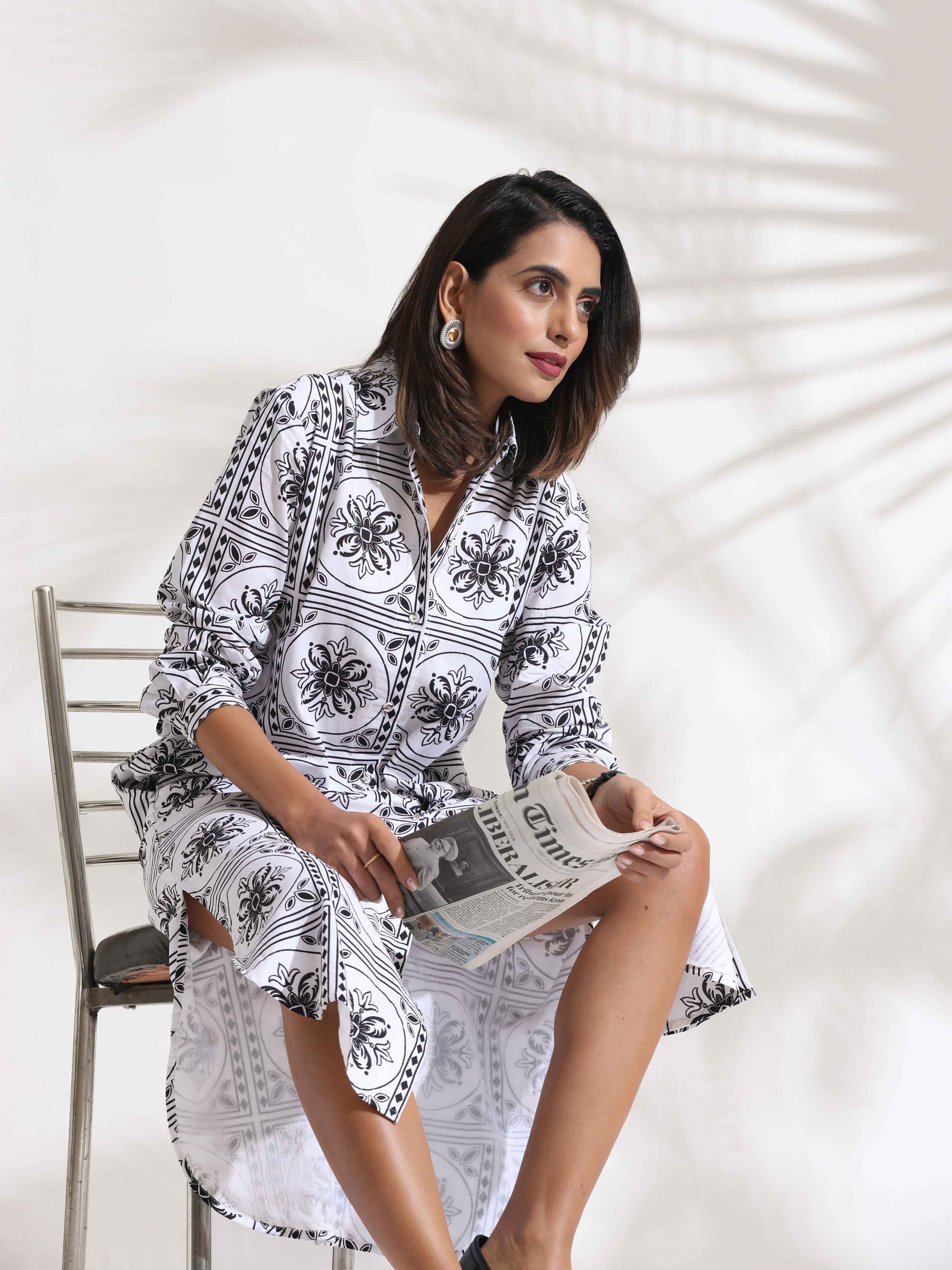 trueBrowns White Cotton Print Shirt Dress | Swadesiicart