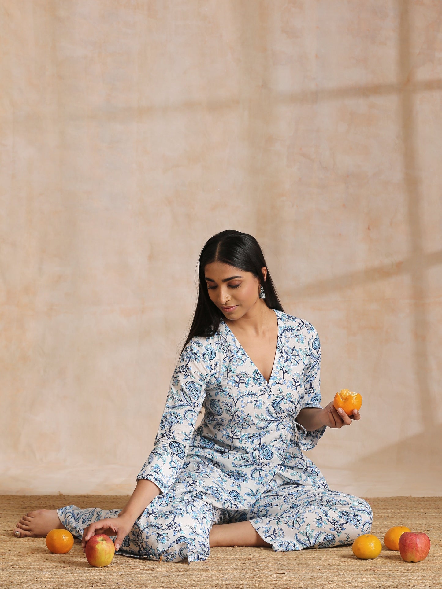 trueBrowns White With Overall Blue Print Cotton Angrakha Kurta Pant Set | Swadesiicart