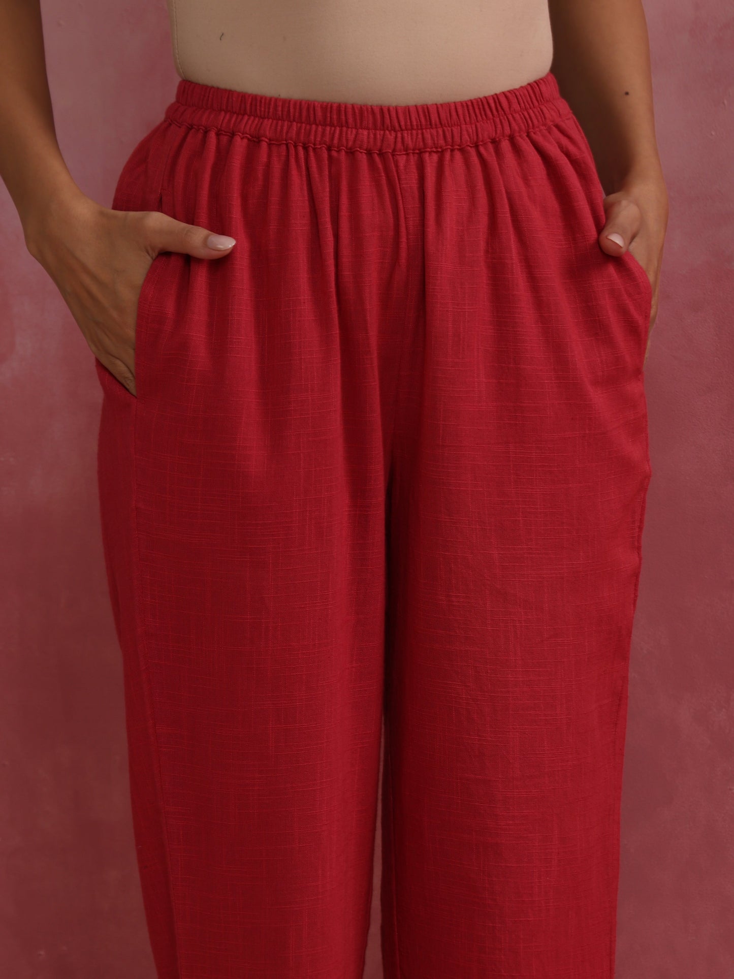 trueBrowns Red Straight Cotton Dobby Kurta Set | Swadesiicart