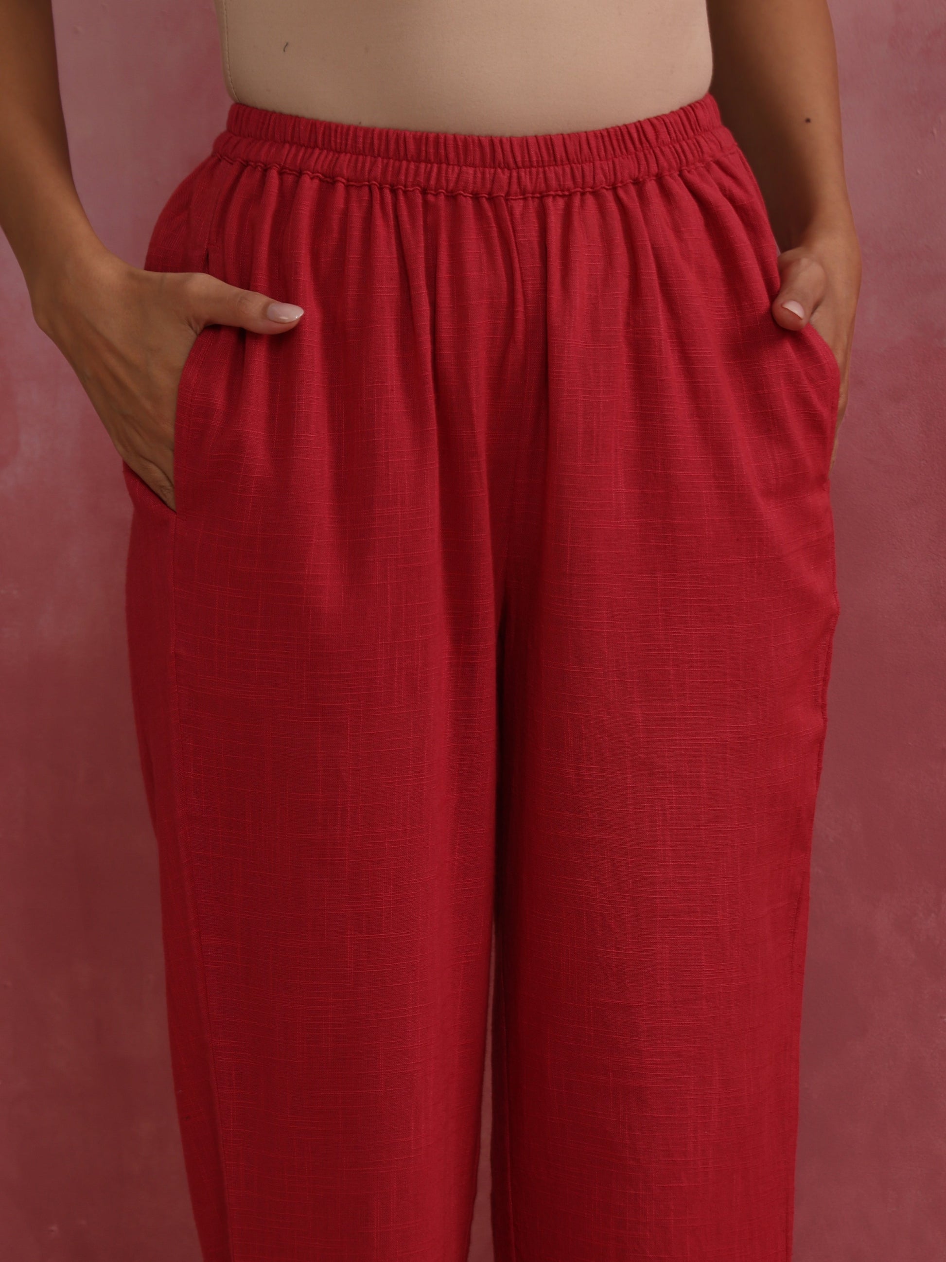 trueBrowns Red Straight Cotton Dobby Kurta Set | Swadesiicart