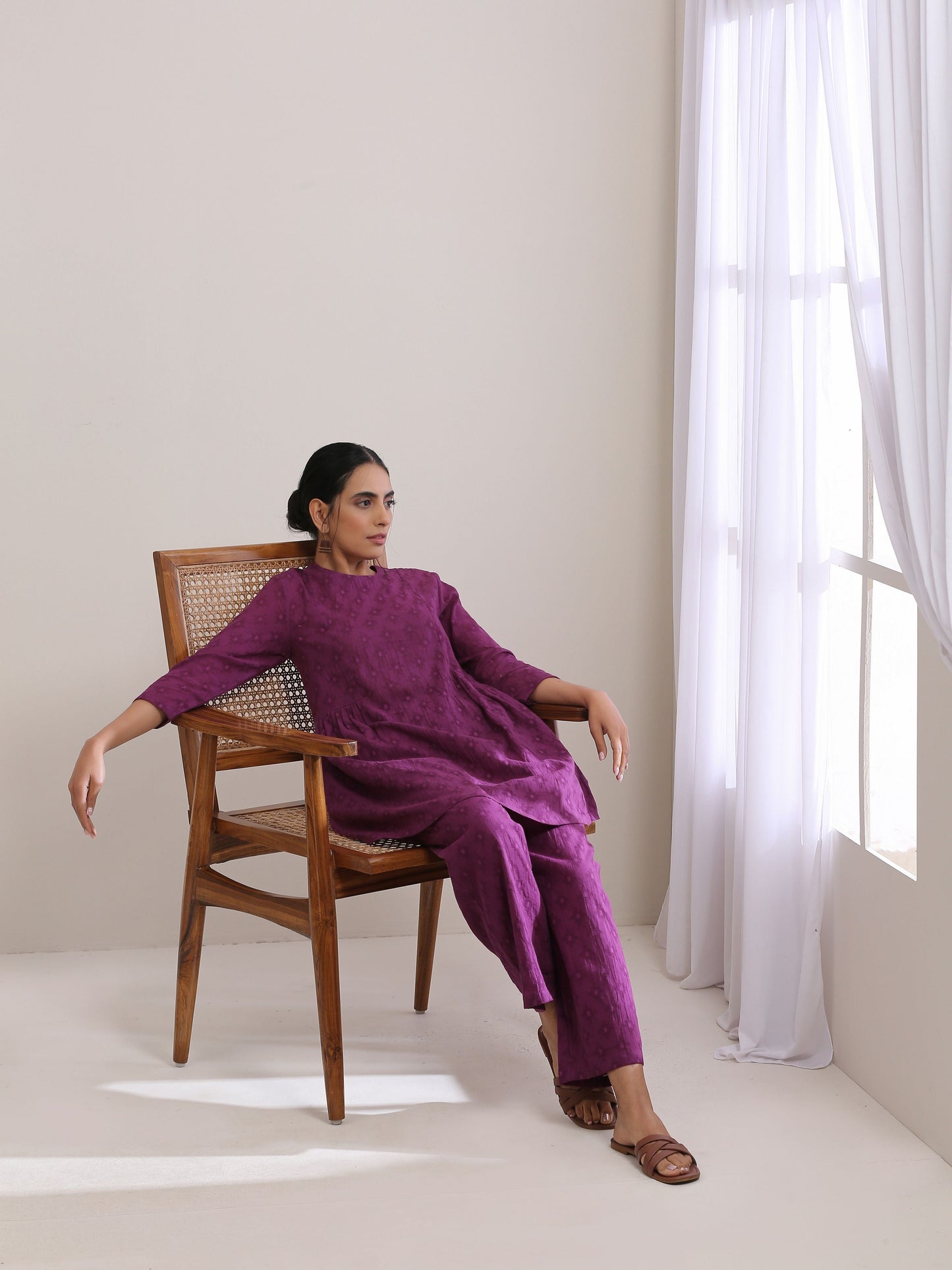 trueBrowns Plum Purple Dobby Gathers Co-Ord Set - Swadesiicart